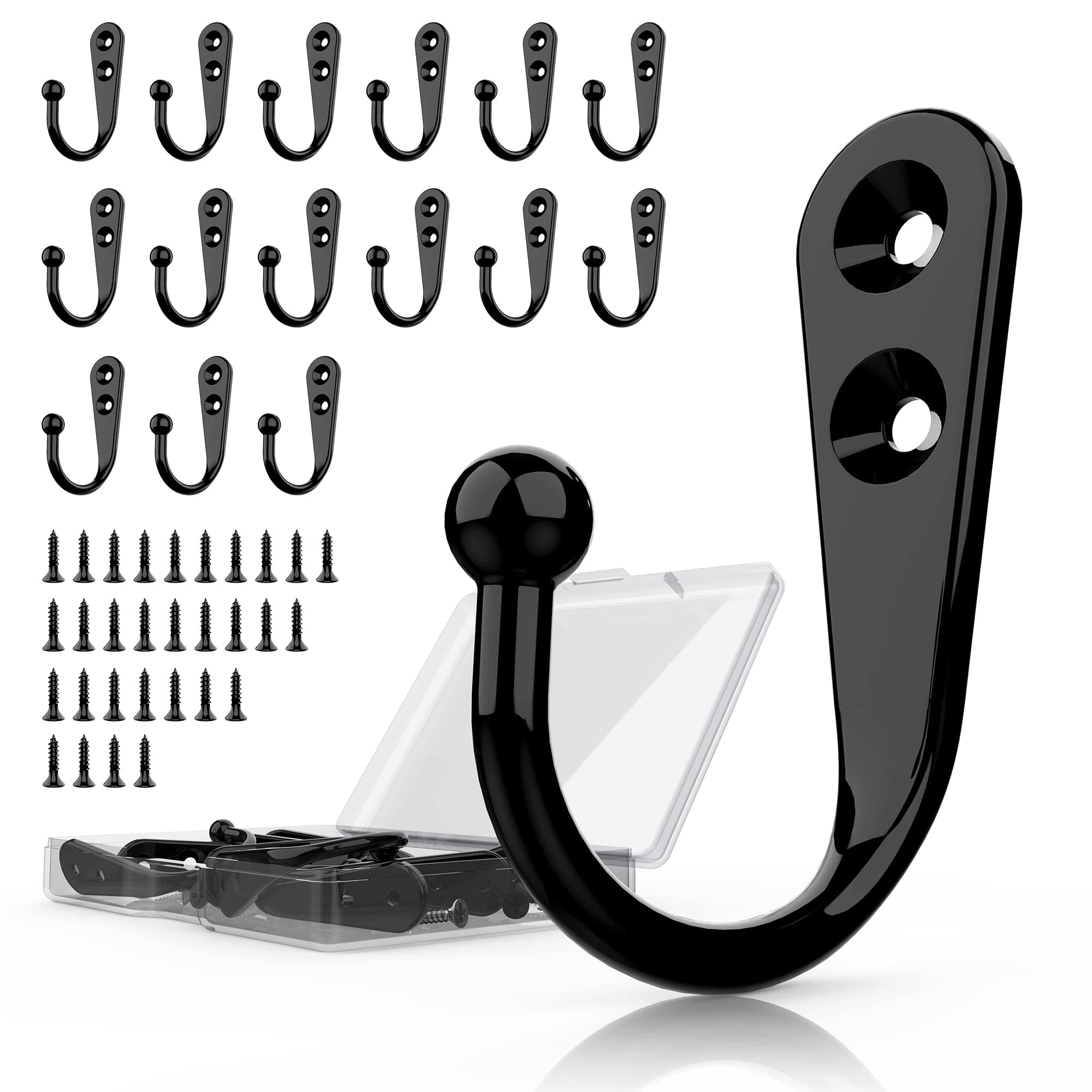 15 Pcs Black Wall Mounted Coat Hooks, Hanger Hook with 30 Pieces Screws for Towel, Key, Robe, Scarf, Bag, Cap, Coffee Cup, Mugs