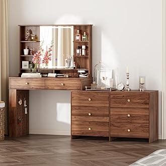 Large Makeup Vanity Desk with Mirror and Lights, Vanity Desk with 8 Drawers & Storage Shelves, Vanity Table with Power Outlet, 3 Color Modes & Adjustable Brightness Dressing Table, Bedroom,Walnut