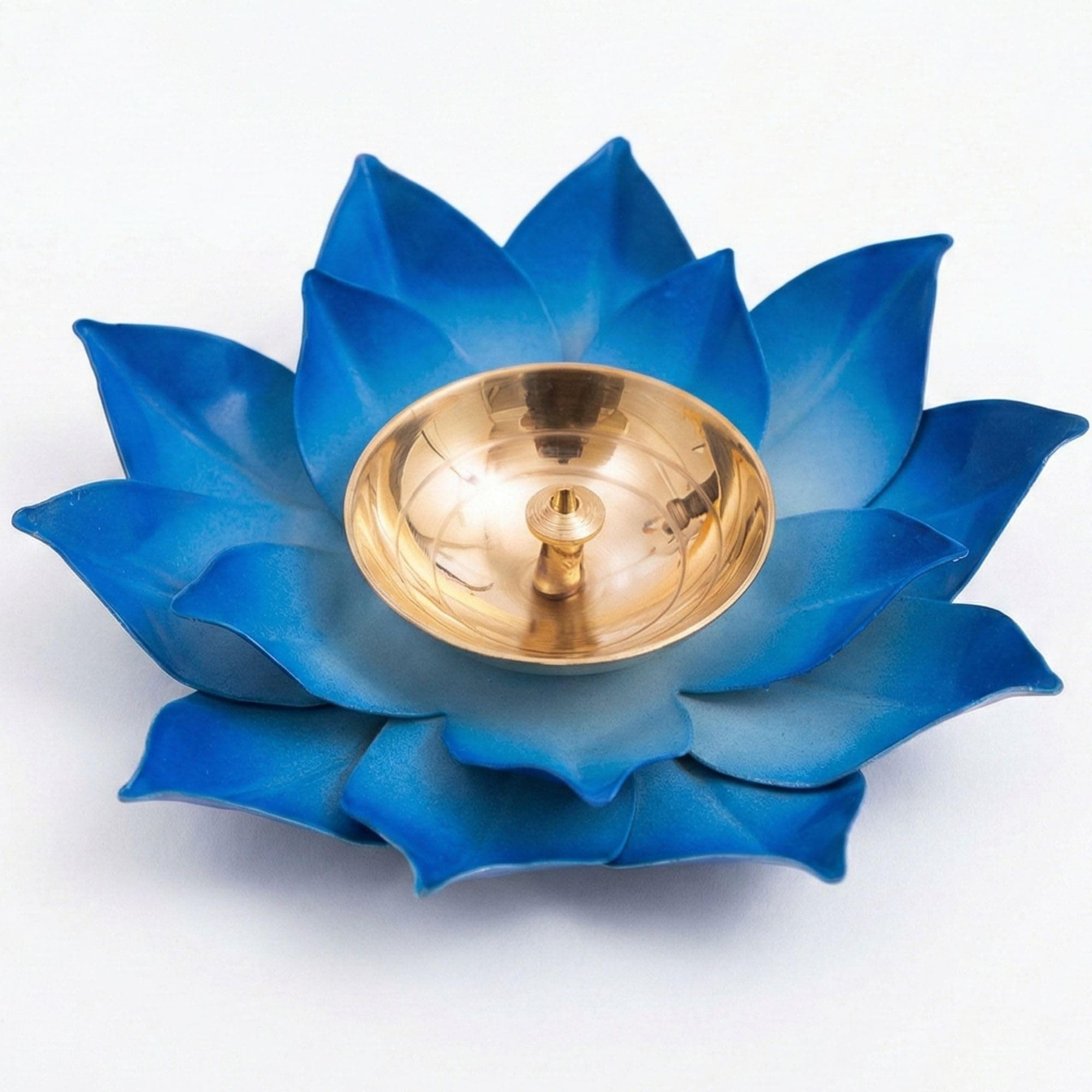 Brass Lotus Diyas for Home Decoration – 5 inches Medium Size Puja Akhand Diya , Decorative Diwali & Christmas Festival Item with Gift Box , Blue Flower