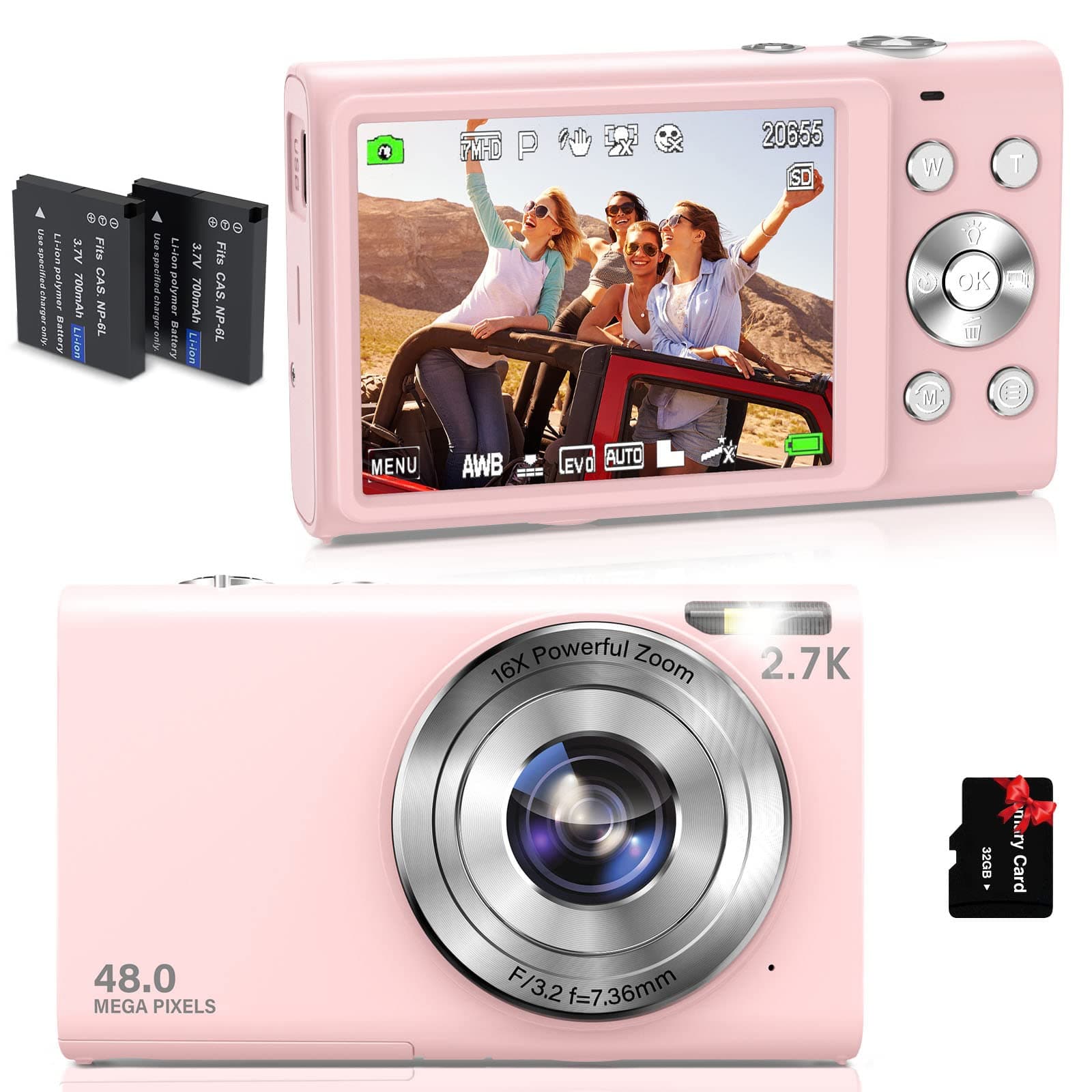 JckduhanDigital Camera Auto Focus 2.7K Vlogging Camera HD 48MP 16X Digital Zoom Camera with 32G Memory Card 2 Batteries YouTube Portable Mini Compact Camera for Kids Teens Adult Beginner