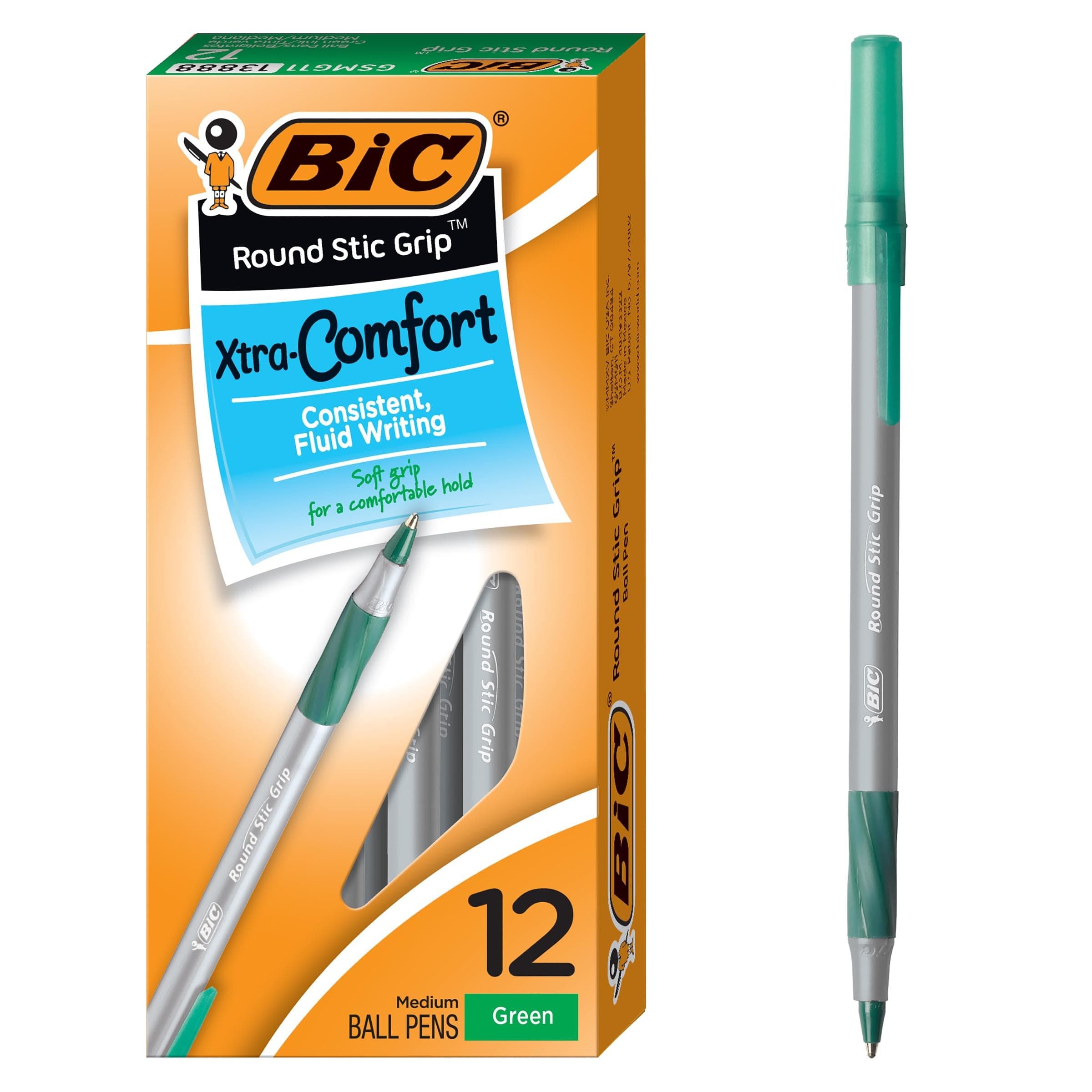 BIC Round Stic® Grip™ Xtra-Comfort Medium Ball Point Pen; Green; 12 Pack