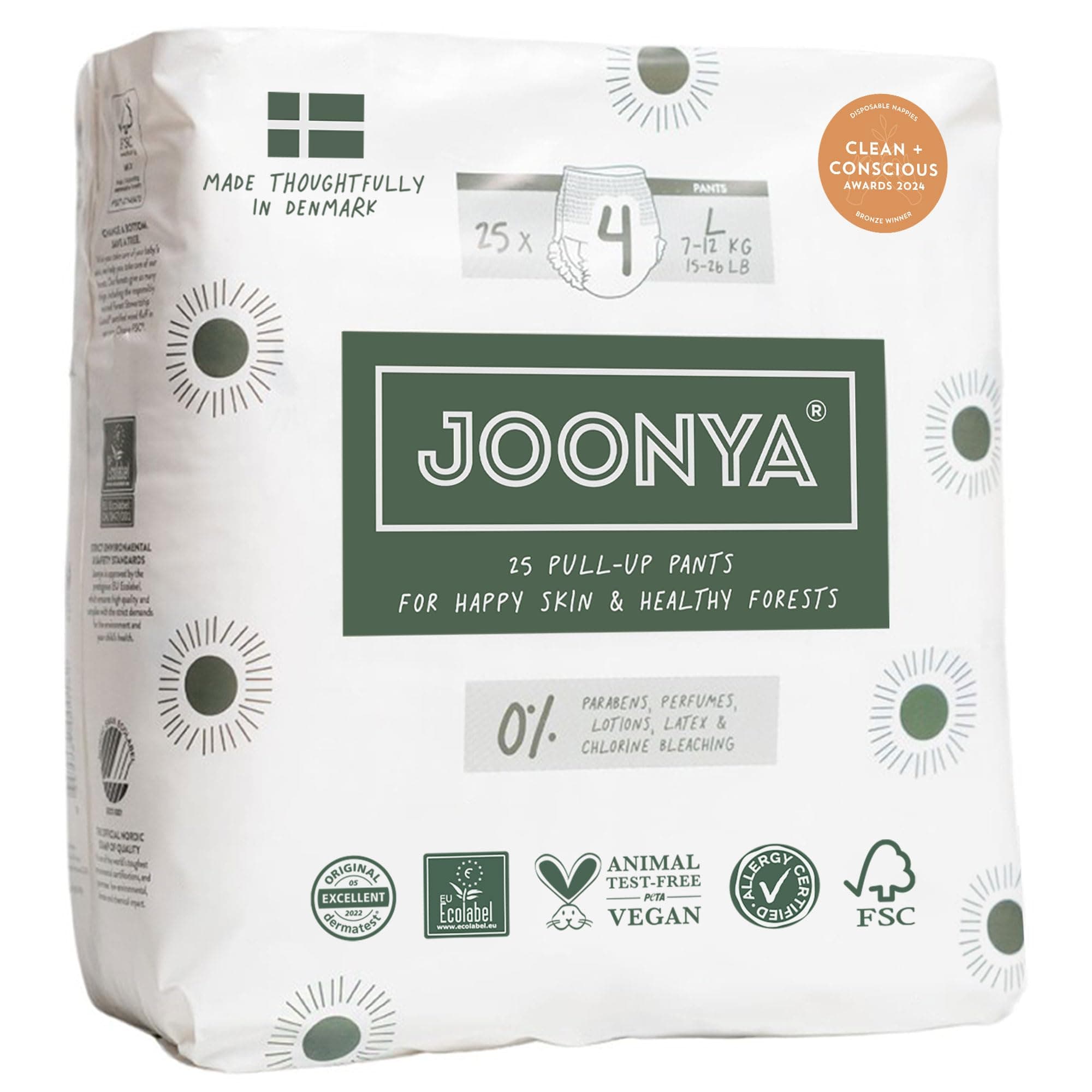 Joonya Pull-Up Pants Baby Diapers, Size 4 L (15-26 lb) - 1 Bag of 25 - Non Toxic, Eco-Friendly, High Absorbency, Overnight Use, Ultra Slim & Soft - Made in Denmark