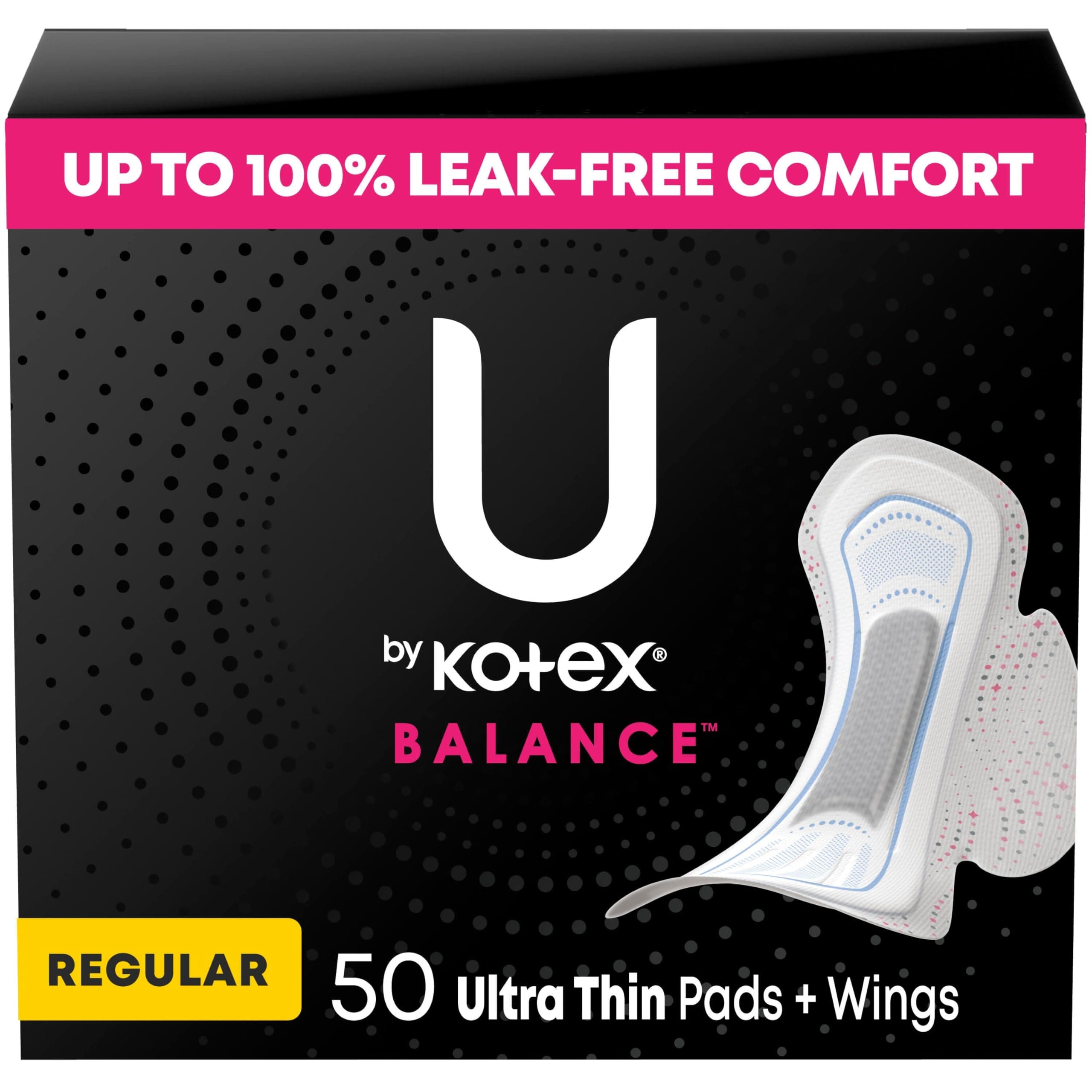 U by Kotex Balance Ultra Thin Pads with Wings, Regular Absorbency, 50 Count (Packaging May Vary)