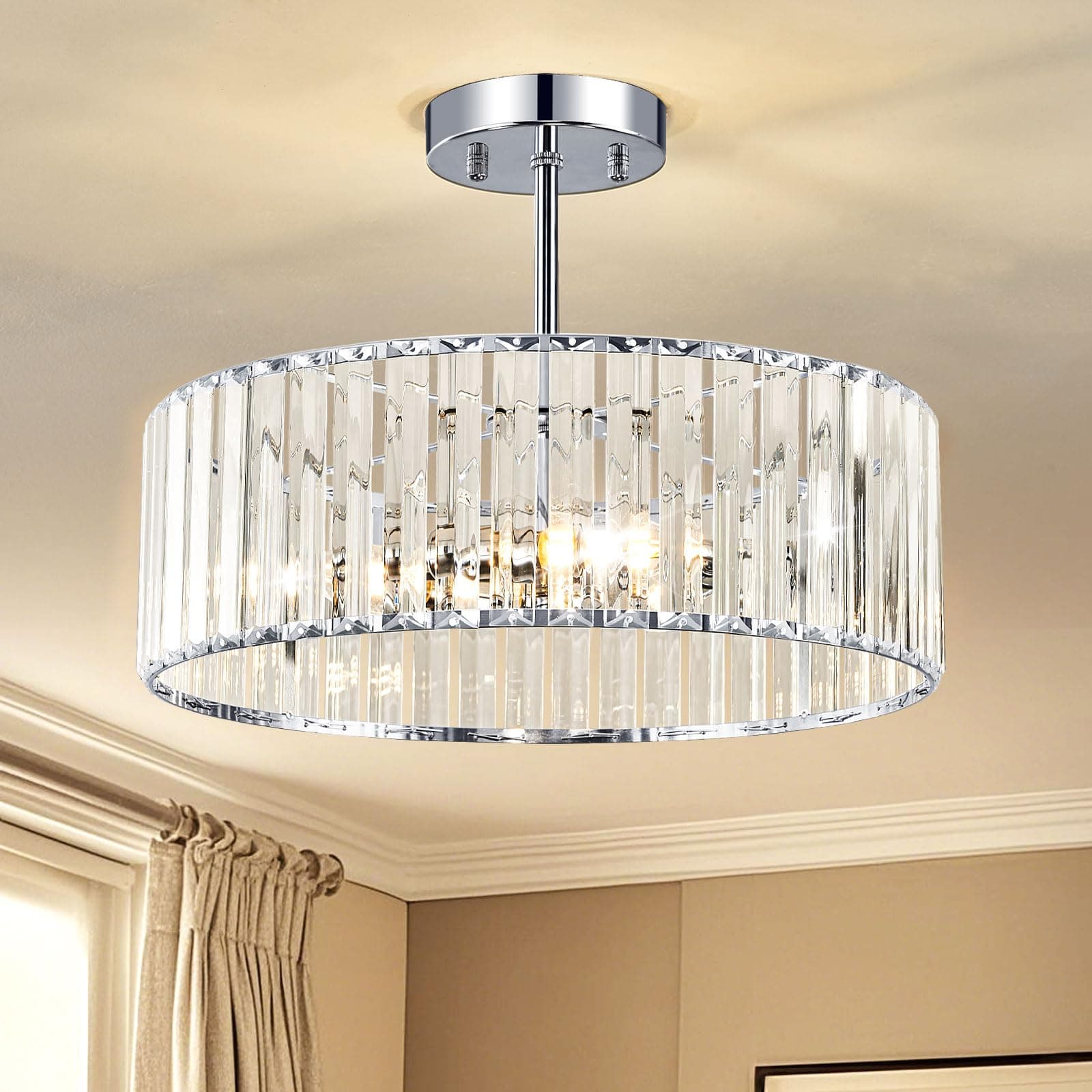 Crystal Chrome Semi Flush Mount Ceiling Light Modern Hallway Light Fixture Metal Close to Lamp for Kitchen Living Room Bathroom Entryway Bedroom(15.75 inch)