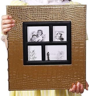 Vienrose Photo Album for 600 4x6 Photos Leather Cover Extra Large Capacity for Family Anniversary Baby Vacation (Gold with Crocodile Pattern & 600 Pockets)