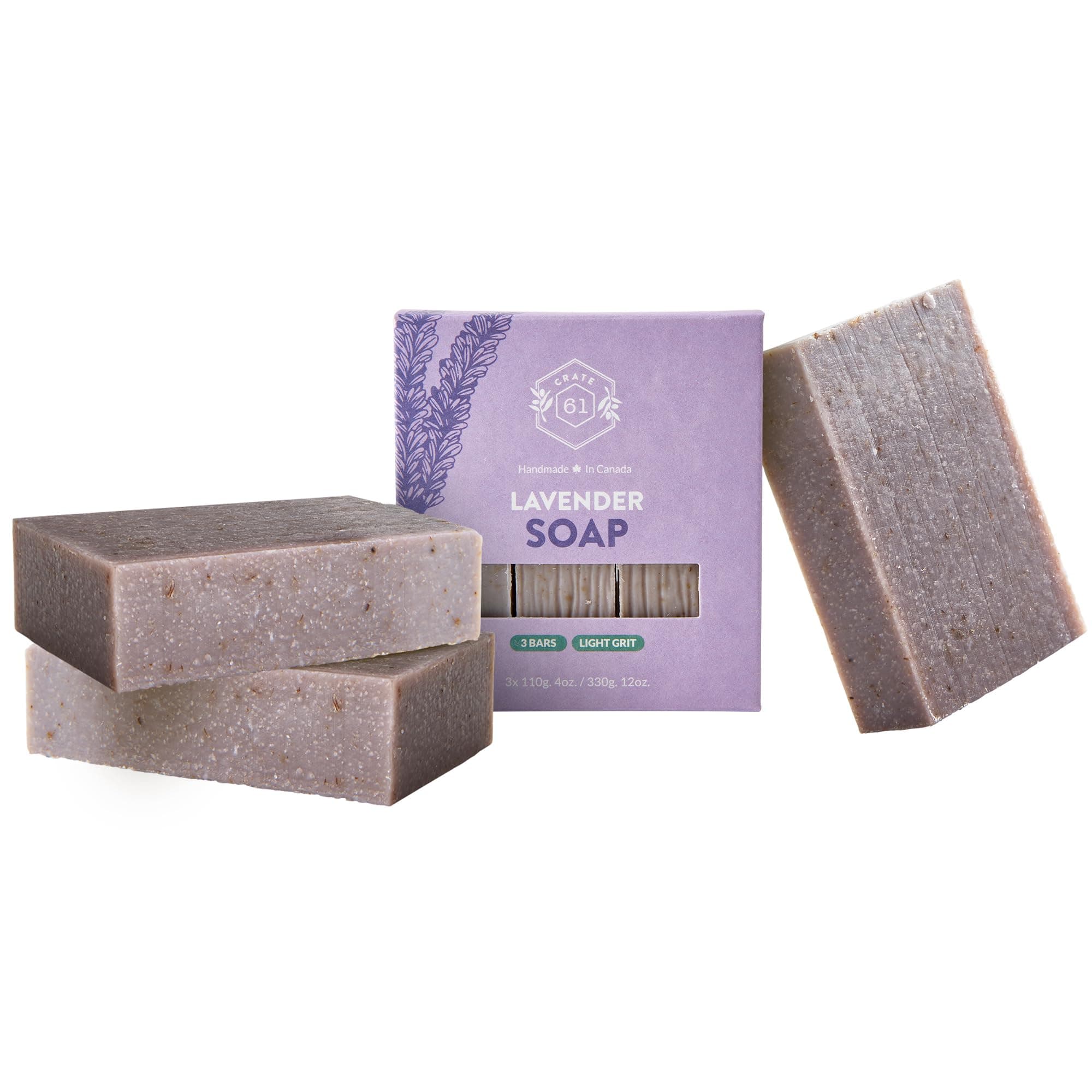 Crate 61 Lavender Soap 3 pack, 100% Vegan Cold Process, scented with premium essential oils, for men and women, face and body. ISO 9001 certified manufacturer