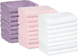 - Amazon Basics Highly Absorbent, Fast Drying 100% Cotton Washcloths for Bathroom and Face, Machine Washable, 12 x 12 in, Petal Pink, Lavender, White, 24-Pack