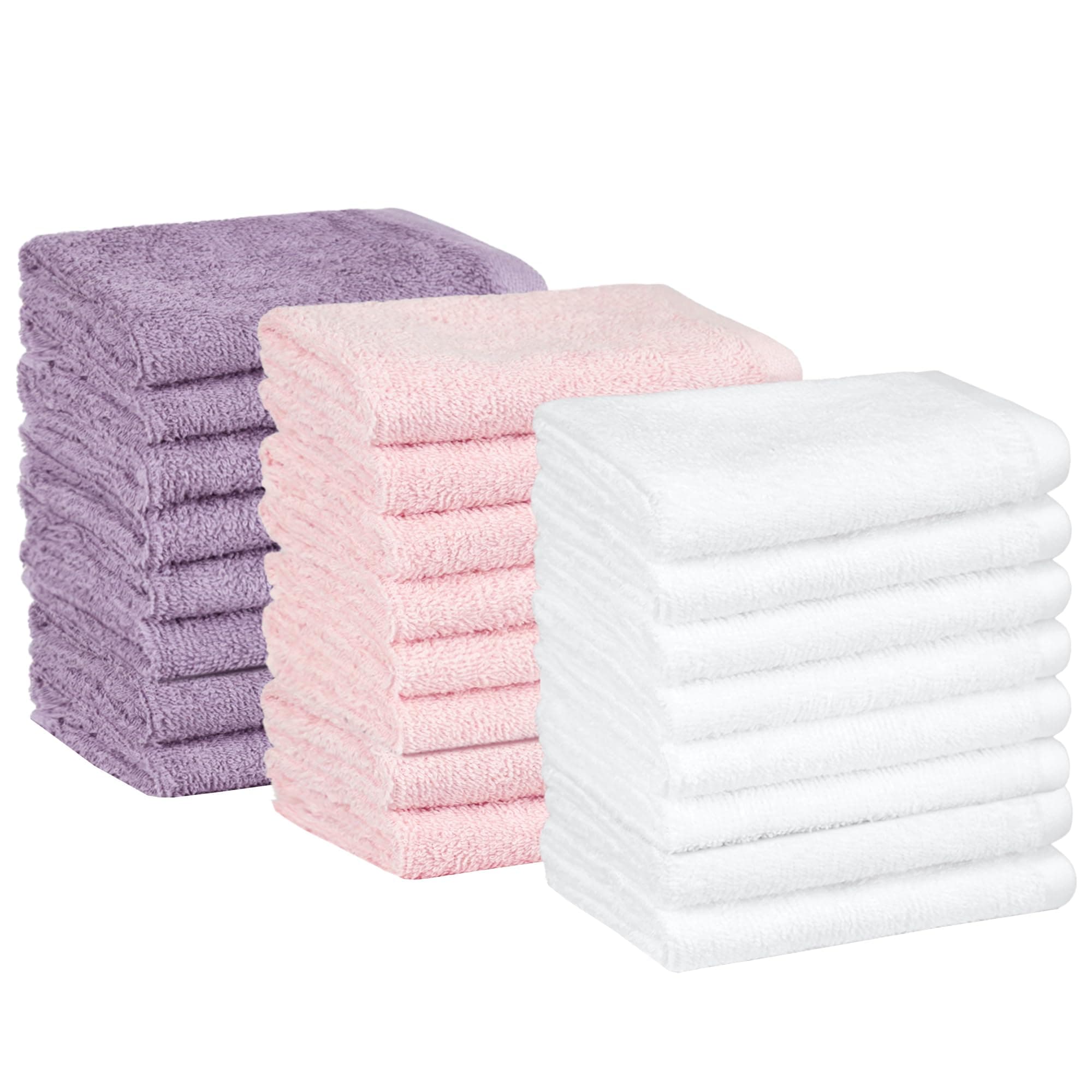 Amazon Basics Highly Absorbent, Fast Drying 100% Cotton Washcloths for Bathroom and Face, Machine Washable, 12 x 12 in, Petal Pink, Lavender, White, 24-Pack