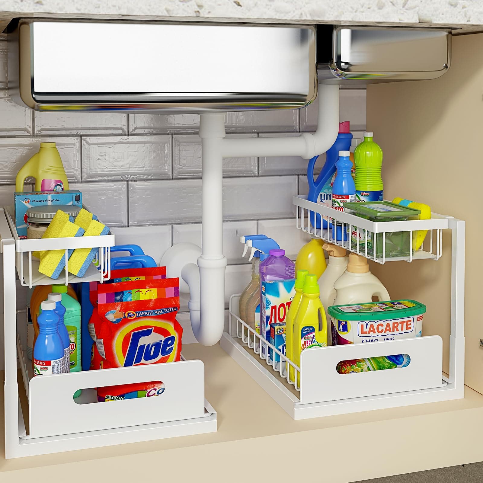 REALINN Under Sink Organizer, Pull Out Cabinet Organizer 2 Tier Slide Out Sink Shelf Cabinet Storage Shelves, Under Sink Storage for Kitchen Bathroom Cabinet, White, 2 Pack