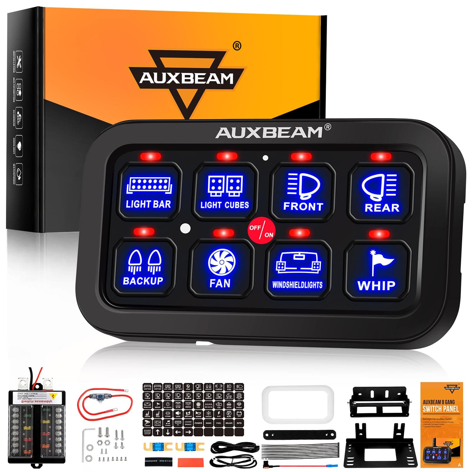 Auxbeam 8 Gang Switch Panel BB80, Universal Circuit Control Relay System Box with Automatic Dimmable On-Off LED Switch Pod Touch Switch Box for Car Pickup Truck Boat ATV UTV, Blue 2 Years Warranty