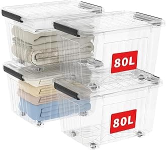 Cetomo 80L*4 Storage Boxes with Wheels, Plastic Storage Bins with Lids, Latching Buckles, Click Closure, Stackable, Nestable, Organizer for Home Office Clothes, Clear, 80L-4 Pack