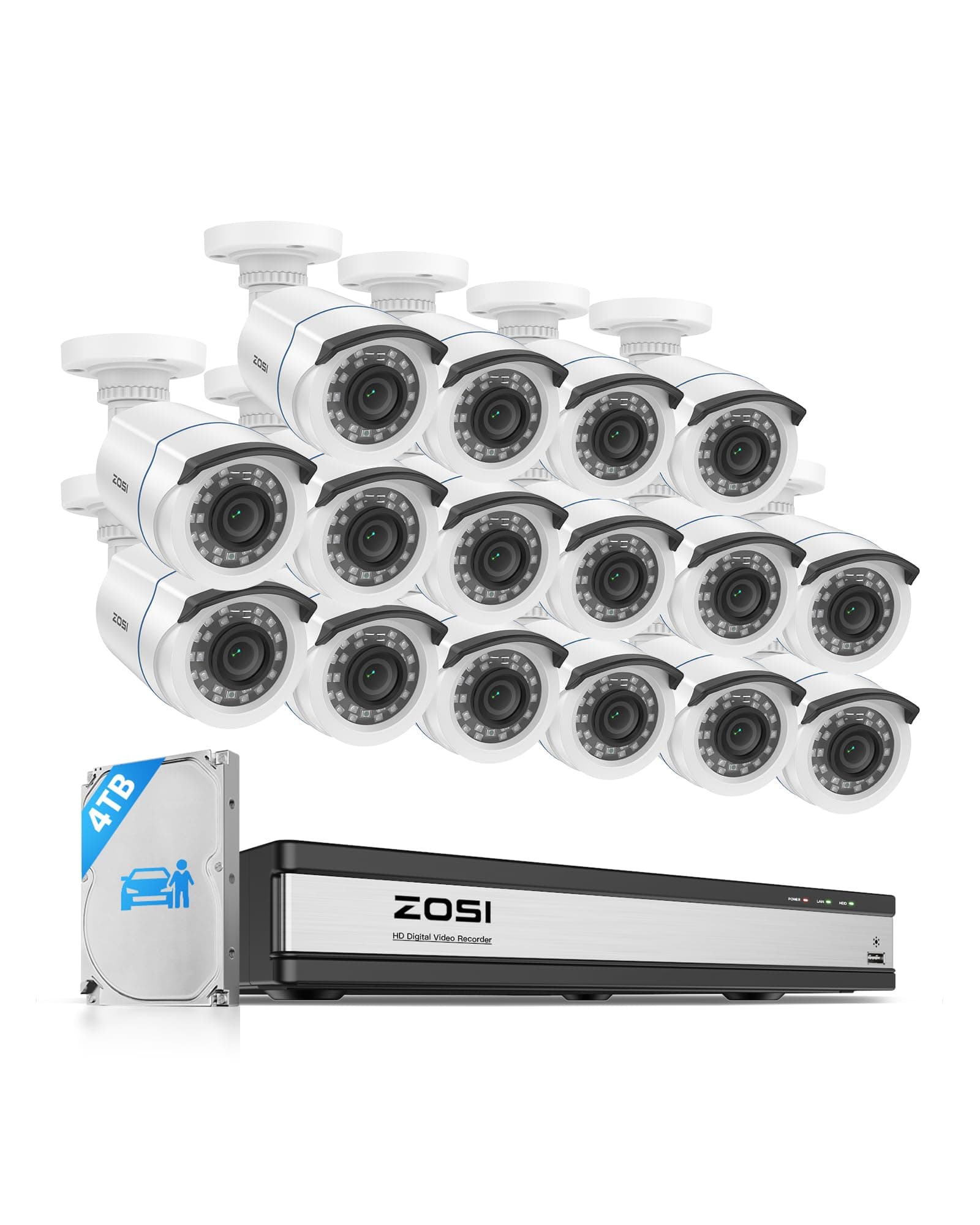 ZOSI H.265+ 16CH Security Camera System with AI Human Vehicle Detection, 16CH DVR with 4TB HDD for 7/24 Record, 16 x 1080p CCTV Camera Outdoor Indoor with 80ft Night Vision, 90°Wide Angle