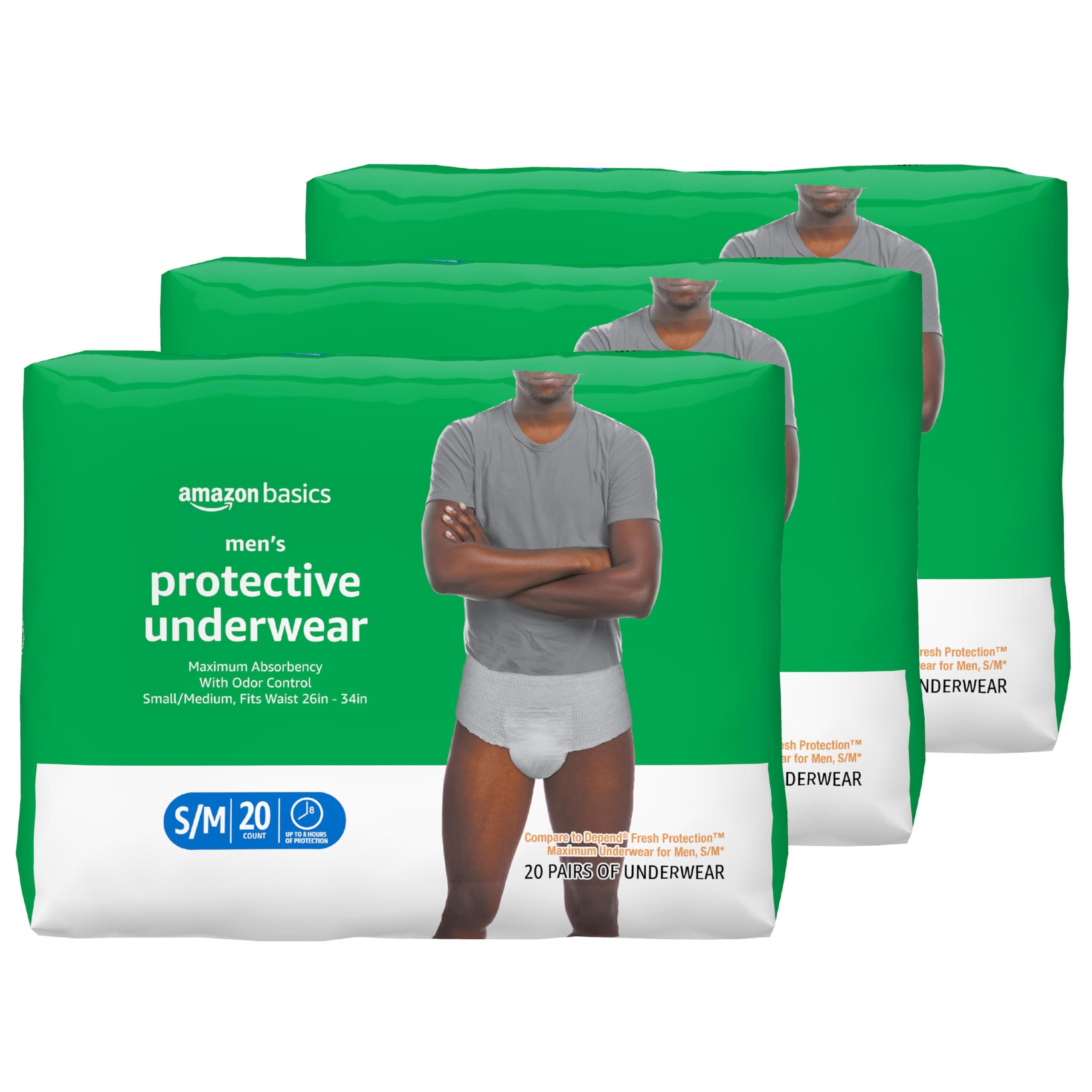 Amazon Basics Maximum Absorbency Incontinence Underwear for Men with Leak Protection and Odor Control, Disposable, Small/Medium, 60 Count (3 Packs of 20)