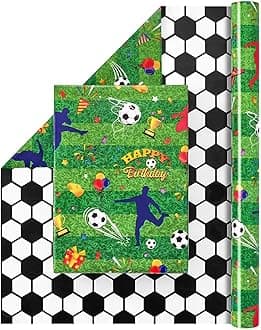 WERNNSAI Soccer Wrapping Paper Roll - 1 Roll 17”x 33 ft Happy Birthday Wrapping Paper Roll Reversible Sports Soccer Print Design Gift Wrap Paper Boys Wrapping Paper Bday Party Favor