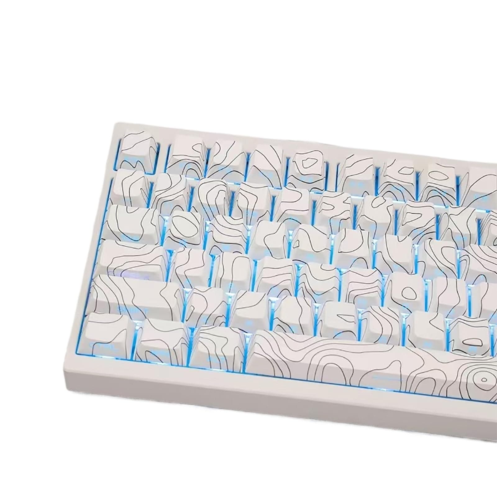 131 Keys Topographic Keycaps PBT Dye Sub Side Printed White Custom Keycaps 75 Percent Cherry Profile Fit for Mechanical Keyboard Cherry Mx Switches
