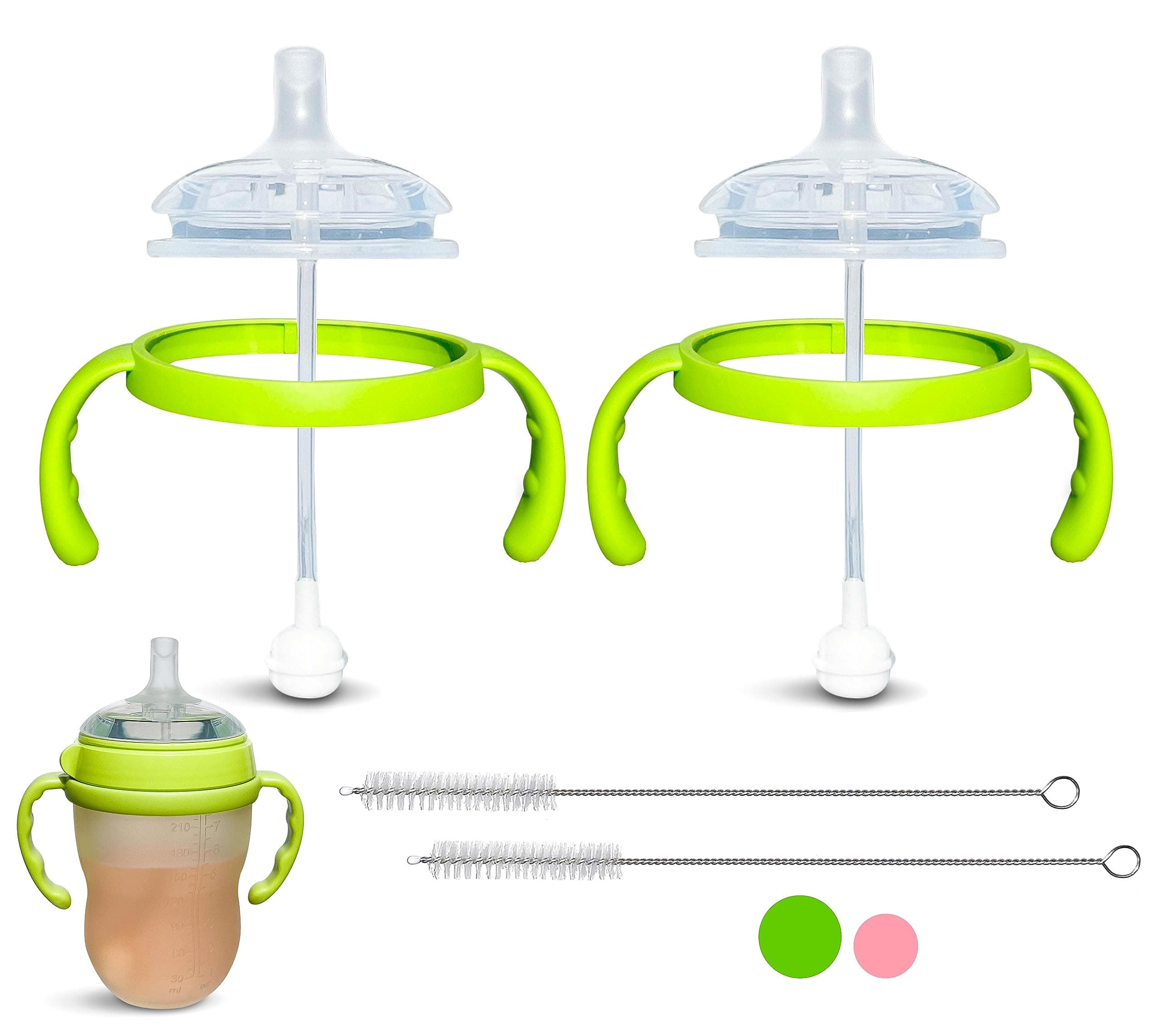 Straw Cup Conversion Kit for Comotomo Baby Bottles (2-Pack) | with Weighted Straw, Bottle Handles and Cleaning Brush | BPA-Free | Spill-Proof (Straw Top)
