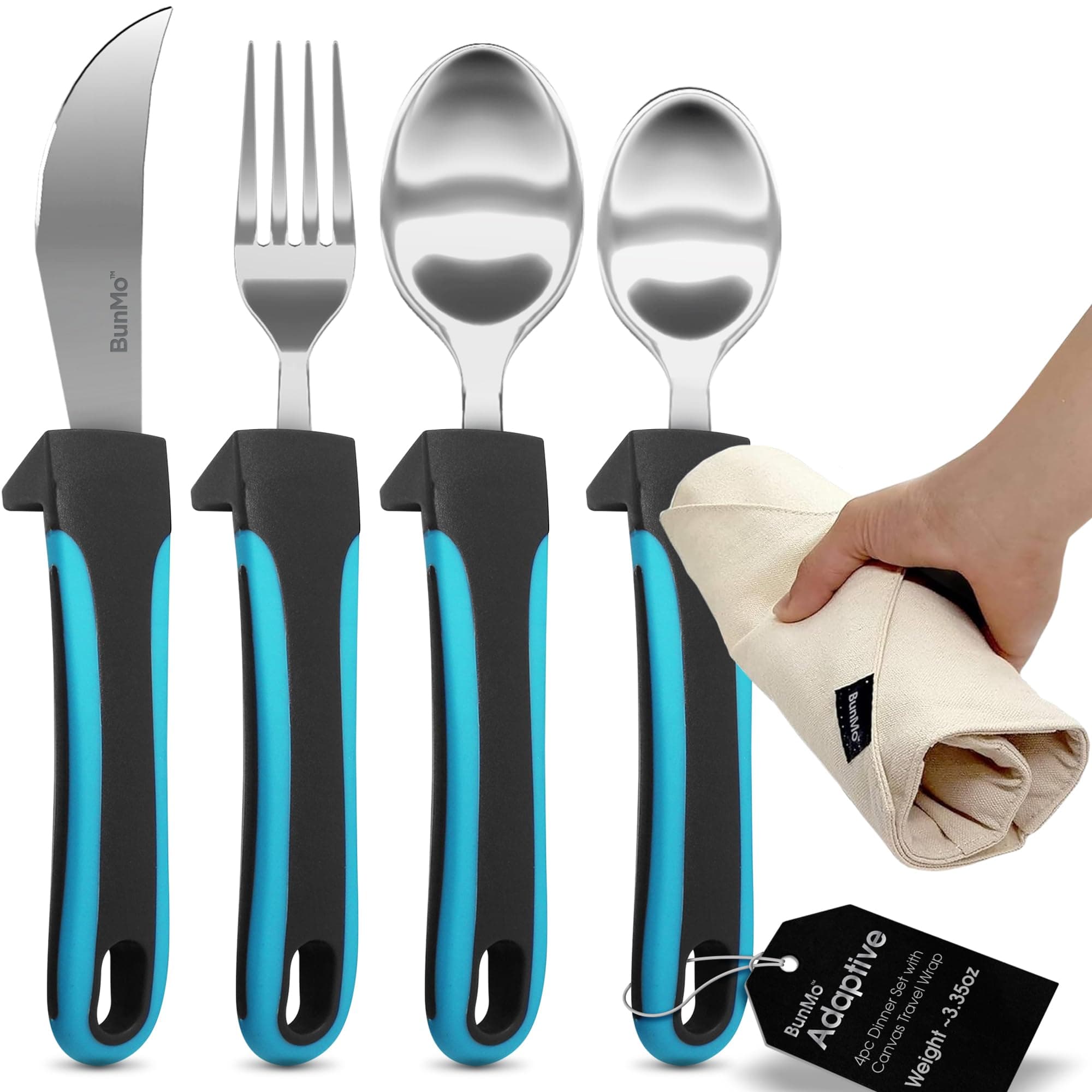 Adaptive Utensils for Elderly, Arthritis, Weak Hand Grip, Tremors & Handicapped - Convenient Travel Pouch - 3.35oz Lightweight - Stainless Steel - Eat Independently - Adaptive Blue 4 Piece Set