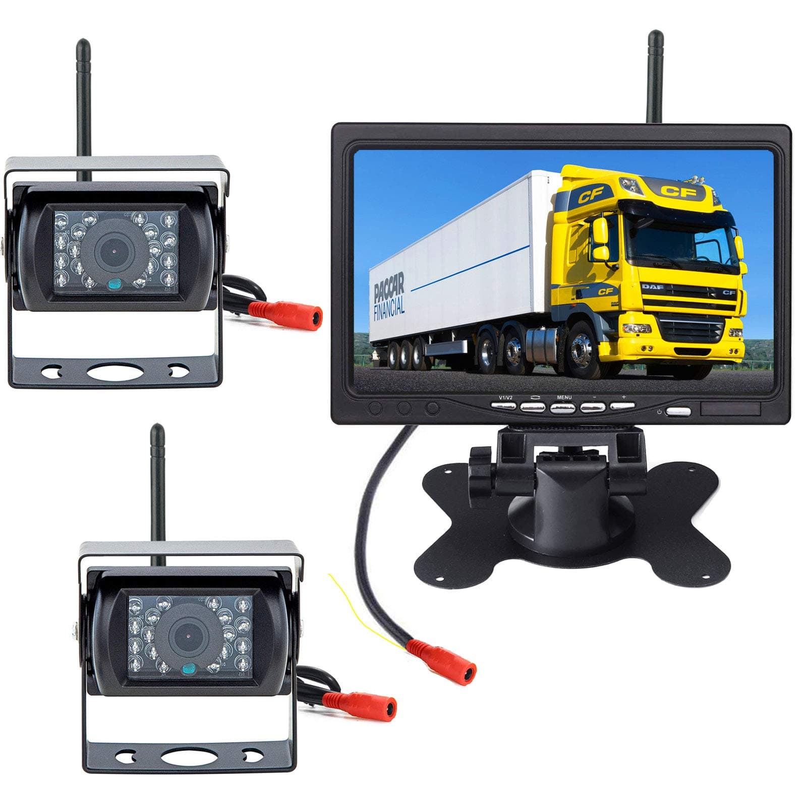 Wireless reversing camera kit, 2 x 18 IR LEDs Night Vision Waterproof Vehicle Backup Cameras（Without parking line）+ 7" TFT LCD HD 800 x 480 Color Monitor for Large Truck/Bus/RV/Trailer/Tractor/camper