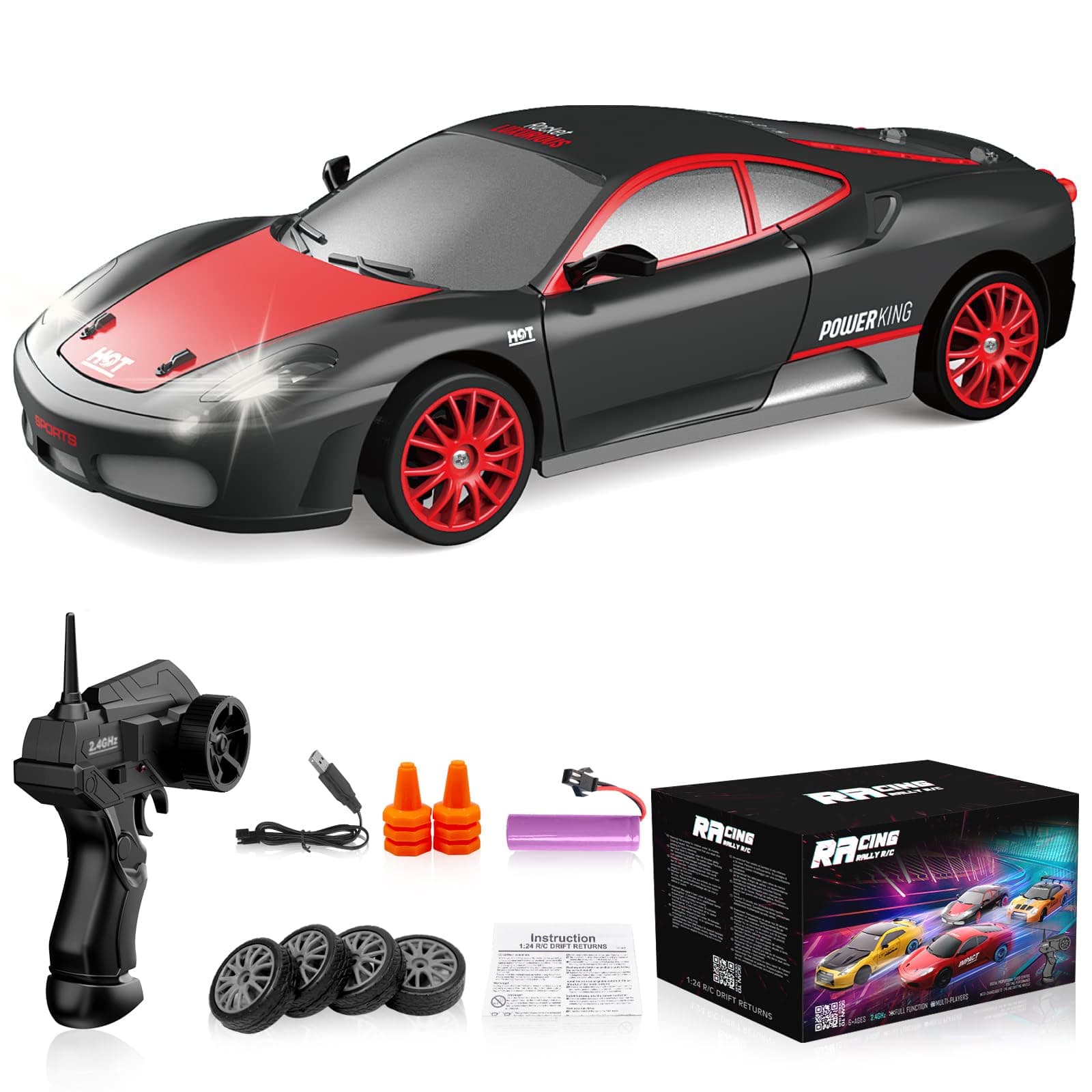 Remote Control Car RC Drift Car 2.4GHz 1:24 Scale 4WD High Speed RC Cars Vehicle with LED Lights Batteries and Drifting Tires Racing Sport Toy Cars for Adults Boys Girls Kids Gift
