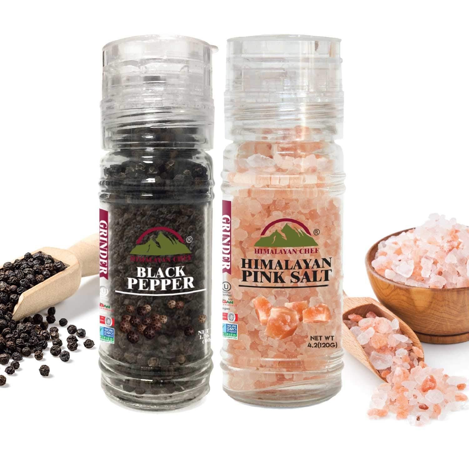 Pink Salt & Black Pepper Refillable Glass Grinder, User Friendly, and Easy-to-Use Design - Vegan & Kosher Certified, Idle for Cooking & Seasoning | set of 2