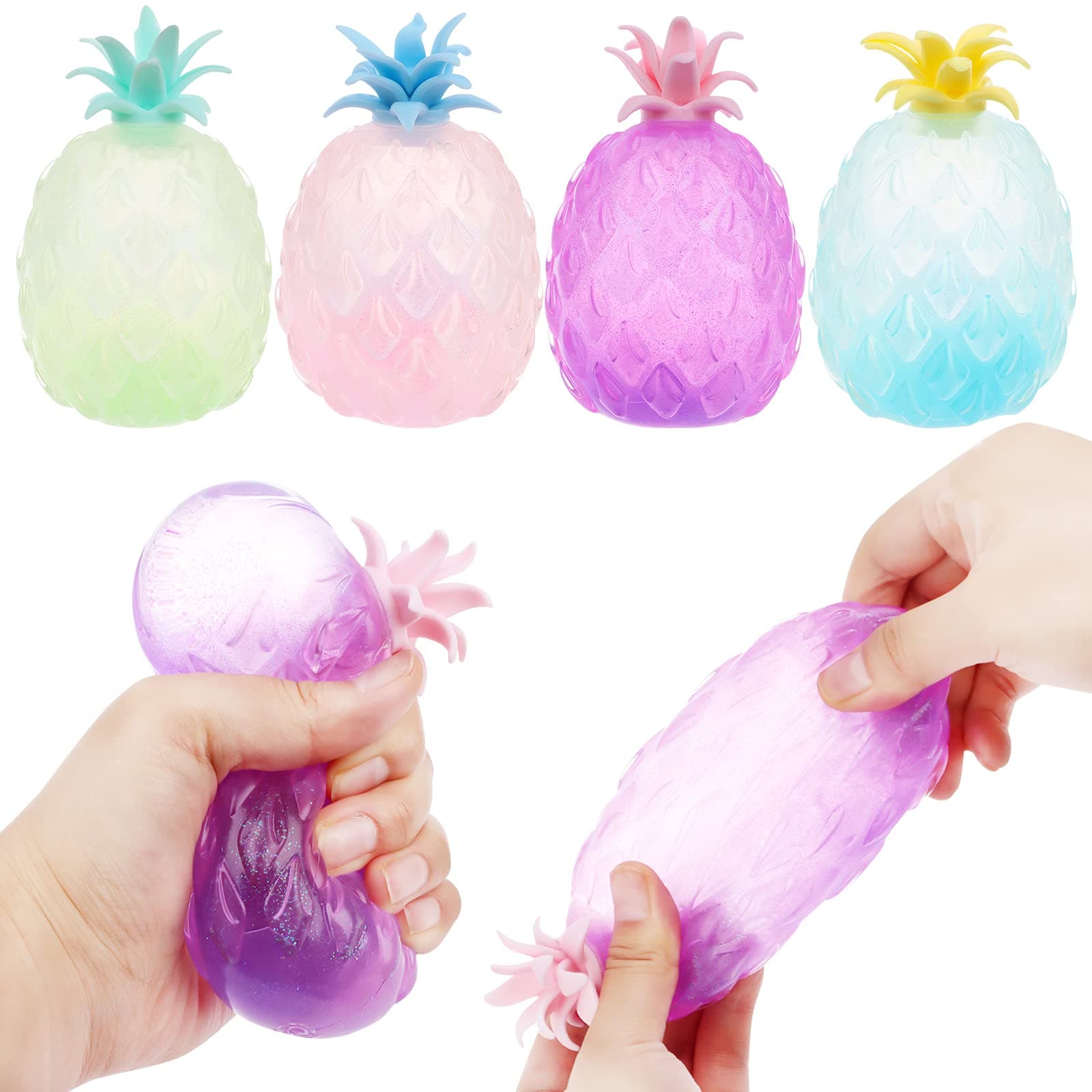 4 Pcs Sequins Filled Pineapple Fruit Squeeze Stress Gel Balls Novelty Fidget Finger Toy Stress Relief Ball Squeeze Anxiety Sensory Fidget Hand Wrist Squeeze Pineapple Decompression Bubble Bead Rubber