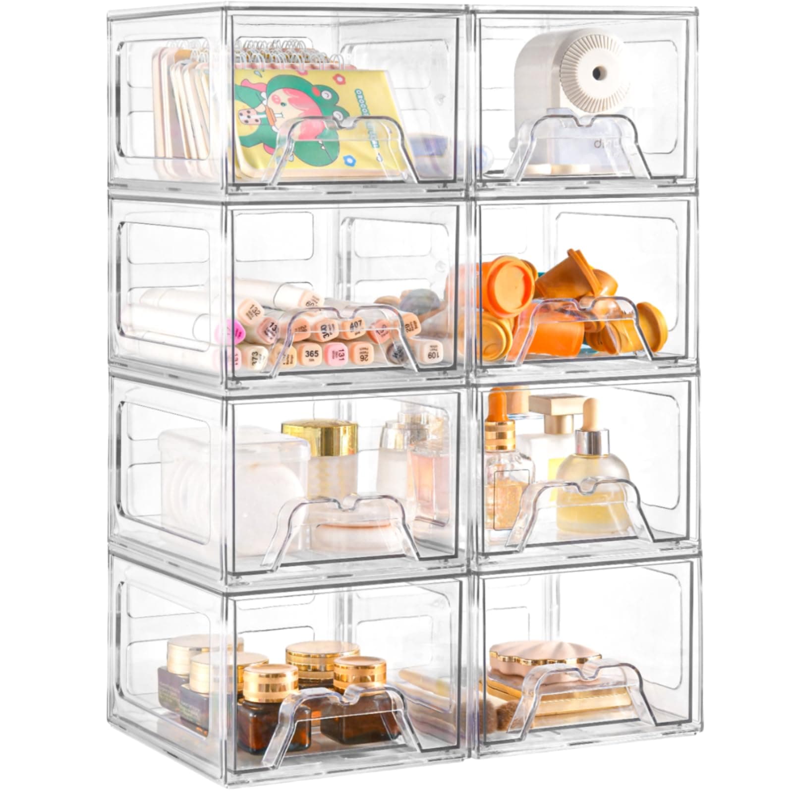 Plastic Drawers Storage, 8 Pack Clear Stackable Storage Drawers, Acrylic Storage Bins with Drawers for Fridge Organizers, Small PlasticDrawers Stackable for Makeup Organizers Cosmetic Display