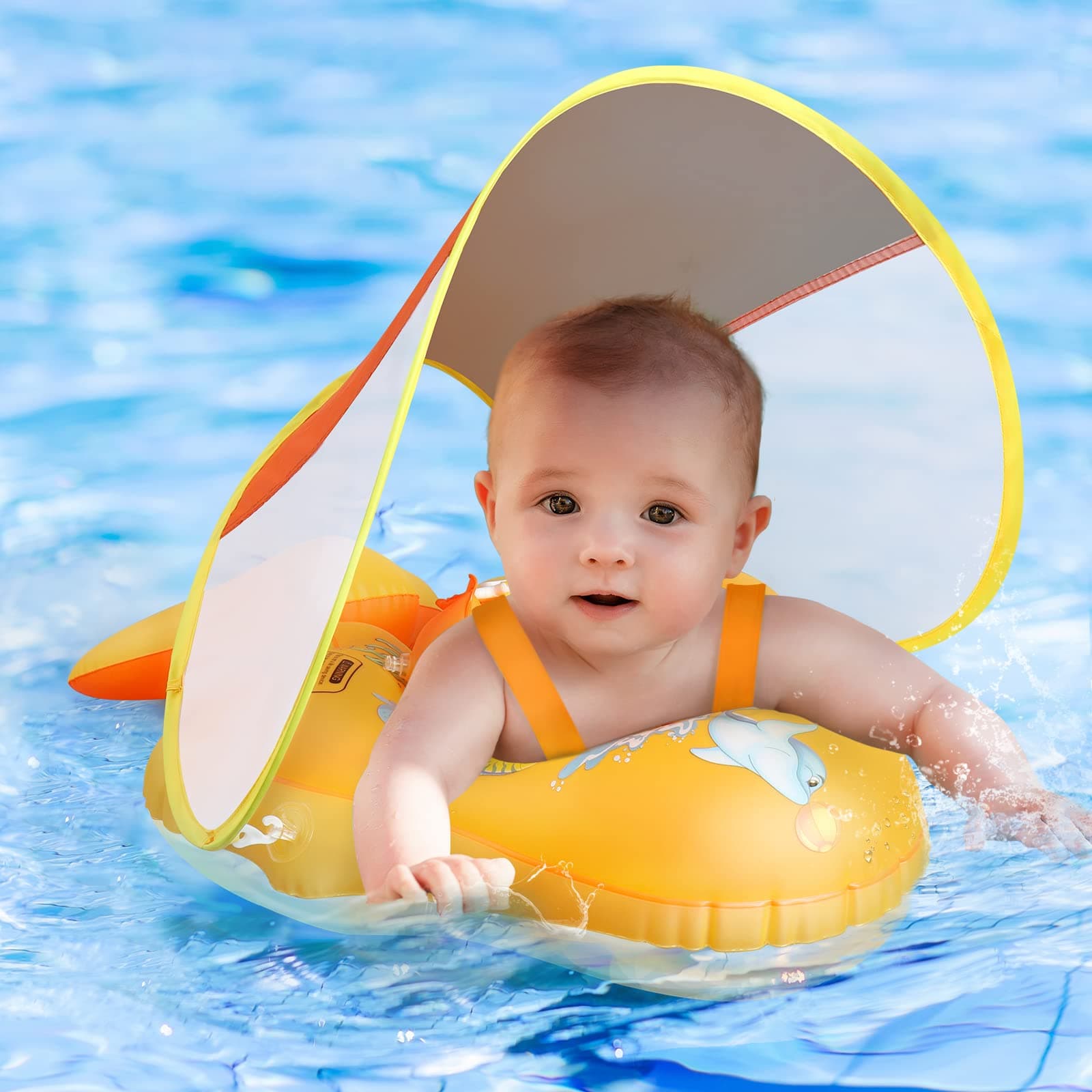 No Flip Over Baby Pool Float with Canopy UPF50+ Sun Protection, Inflatable Baby Float with Sponge Safety Support Bottom, Fun Gifts Water Toys Accessories Baby Swim Floats for Pool 3-36 Months