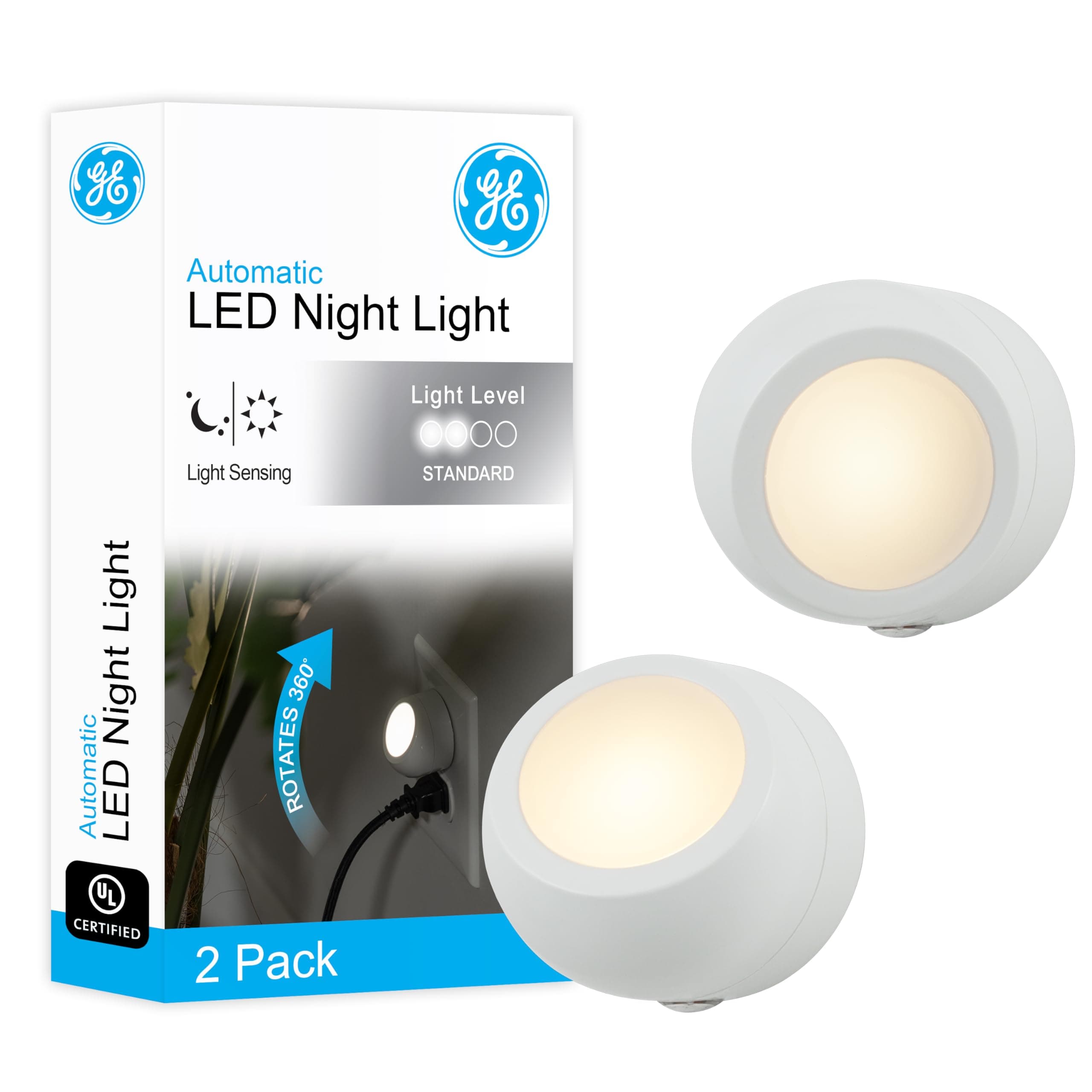GE Rotating Plug in Night Light, Home Decor, Apartment Essentials, LED Lights for Bedroom, Ambient Lighting, Dusk to Dawn Sensor, Nightlight, Bathroom, Dorm Room, 2 Pack 31533