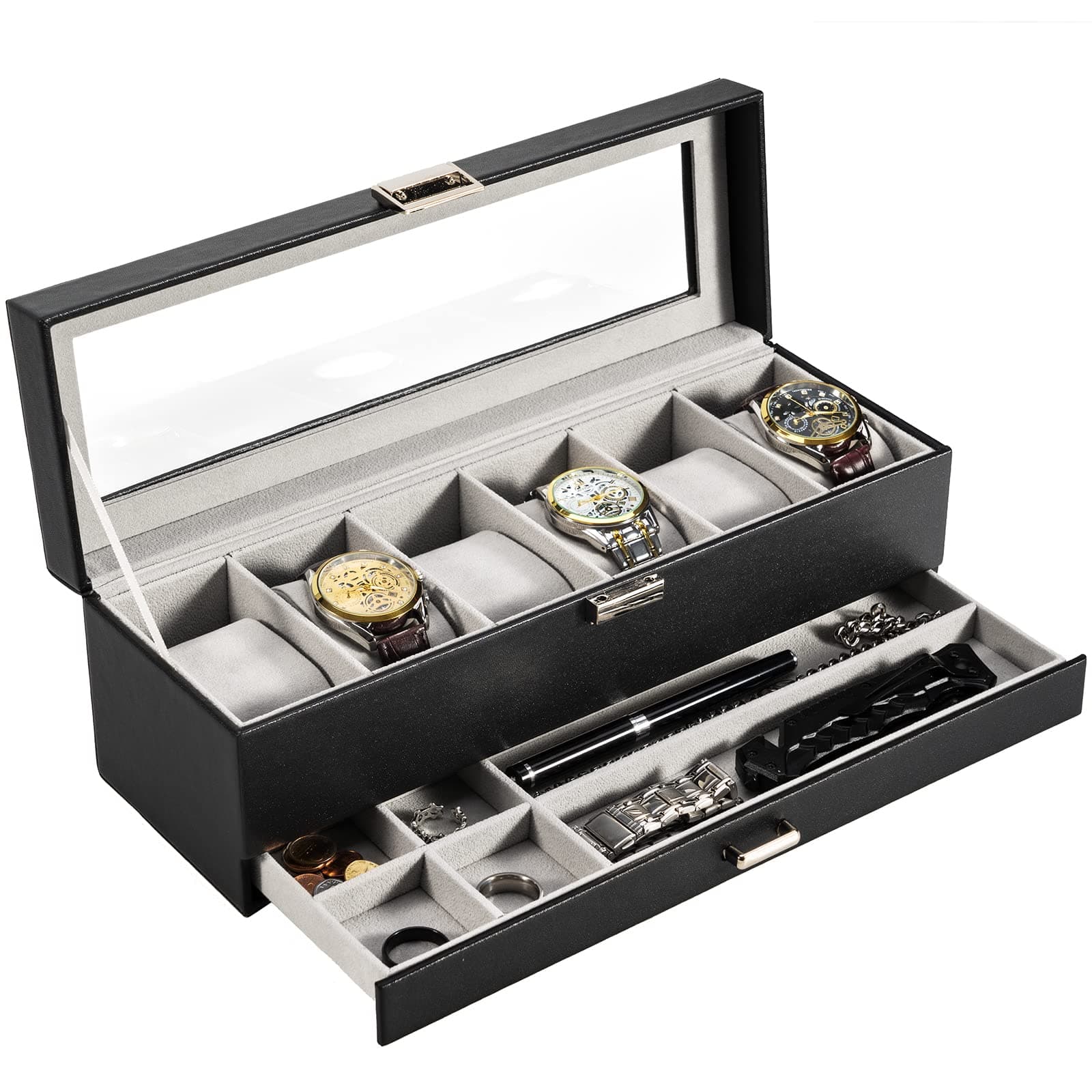 ProCase Watch Case 2-Tier 6-Piece Watch Box with 3 Drawers High-Quality Display Storage Glass Top Men's Watch Case Large Capacity Multi-Functional Jewelry Storage Holder Organizer Watch Collection