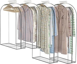Upgraded Thickened Clear Garment Bags for Hanging Clothes 4 Packs, 10“ Gusseted Clothes Hanging Storage Bags for Closet, Shirts, Coats, Dresses (43 & 60 inch)