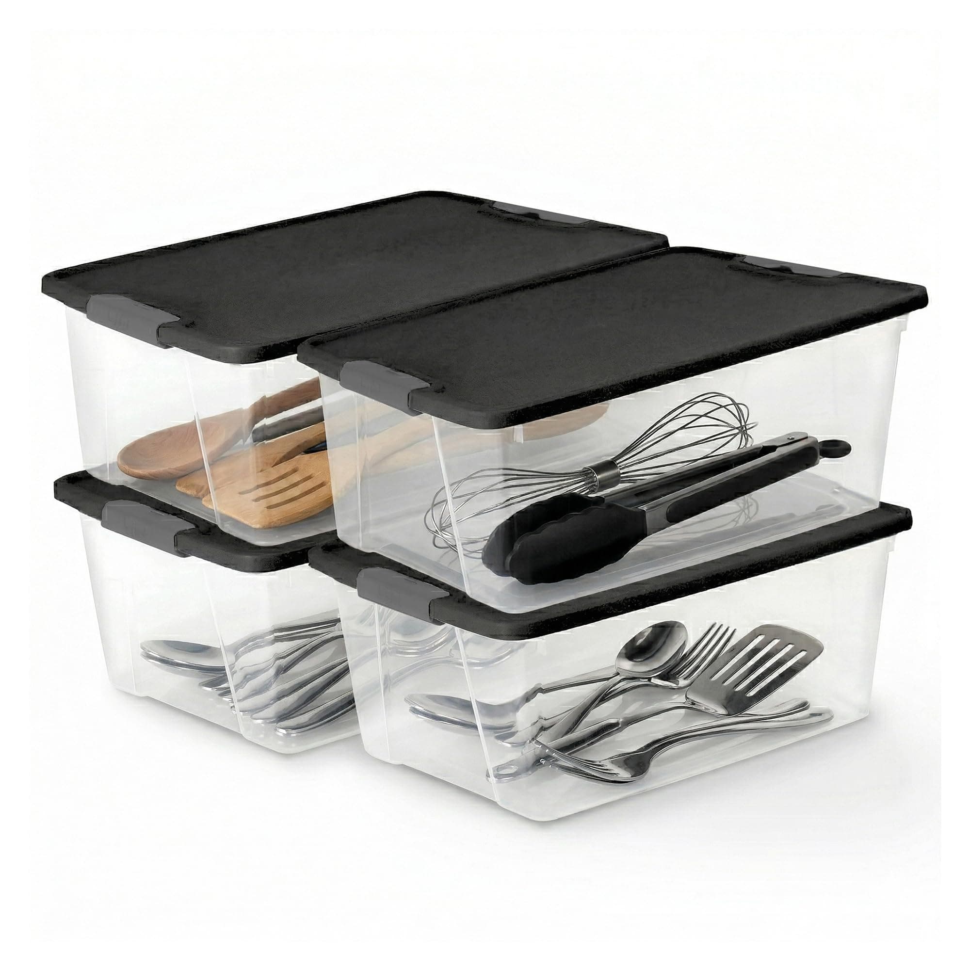 HOMZ 4-Pack Secure Latch, Clear Plastic Storage Organizer Bins, 15 Quart, Gray Lid - Stackable Container Boxes for Bedroom, Bathroom, Garage, and Office Organization