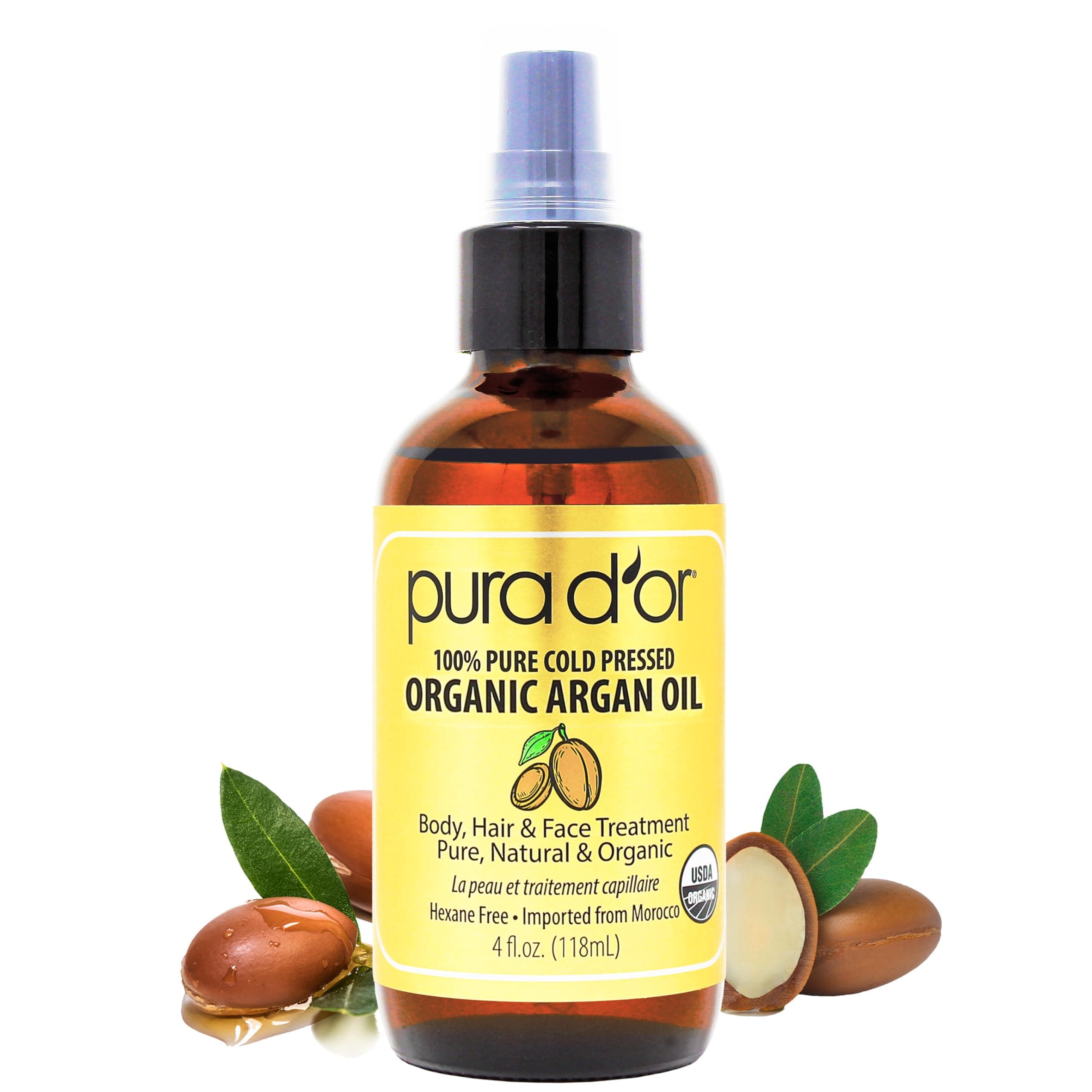 PURA D'OR Organic Moroccan Argan Oil (4oz / 118mL) USDA Certified 100% Pure Cold Pressed Virgin Premium Grade Moisturizer Treatment for Dry, Damaged Skin, Hair, Face, Body, Scalp (Packaging may vary)