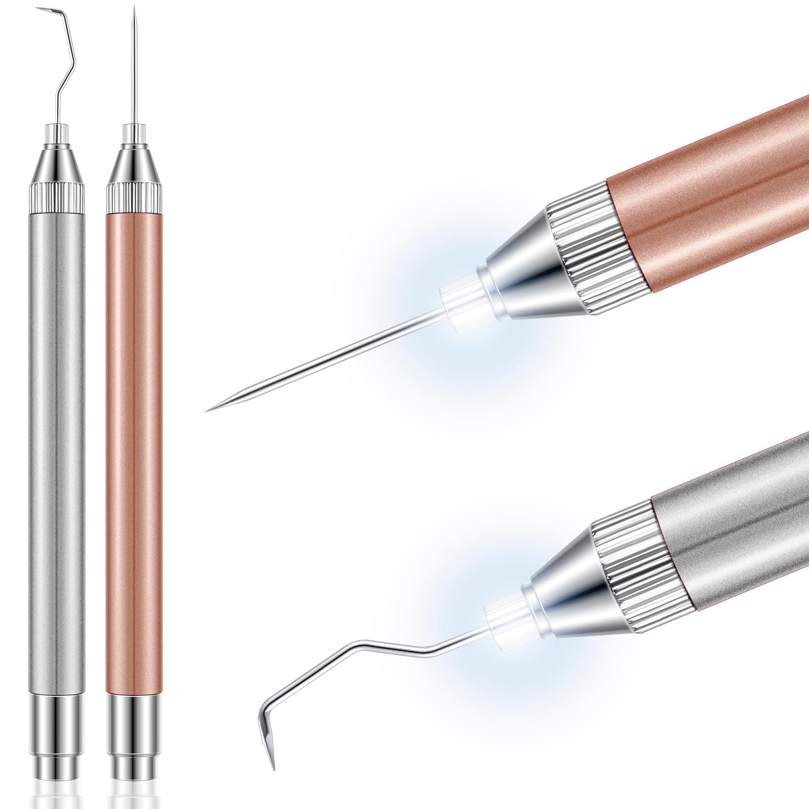 Therwen 2 Pcs LED Weeding Tools for Vinyl with Light Pin Hook Lighted Weeding Pen for Removing Iron on Tiny Vinyl Paper Silhouette Cutting Machines Supply(Rose Gold, Silver)