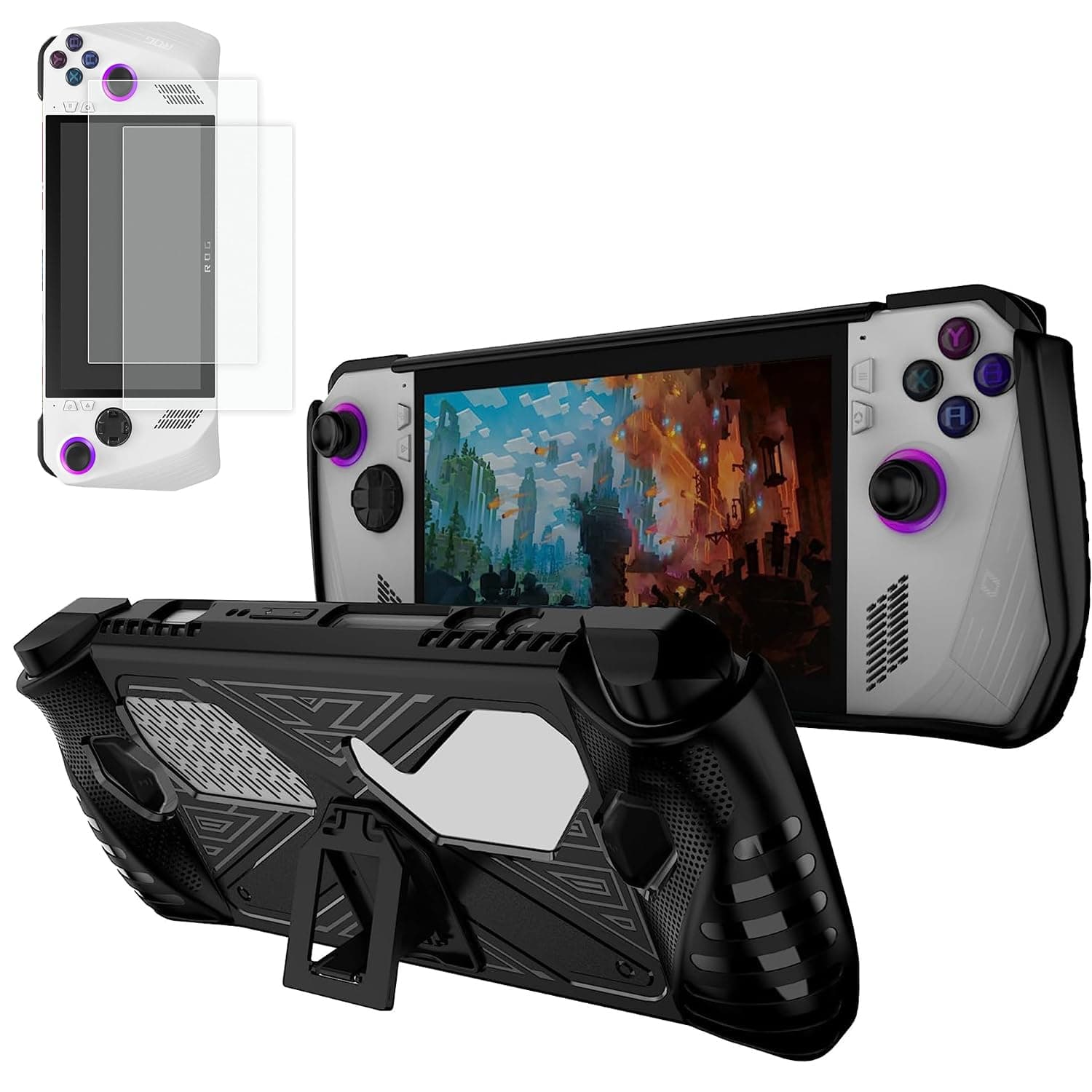 [1+2]Case for R-o-g A-l-ly with Kickstand and 2 Screen Protector,TPU Protector Case Cover Skin with Foldable Stand for R-o-g A-l-ly Game Handheld 2023, Shockproof Non-Slip (Black)