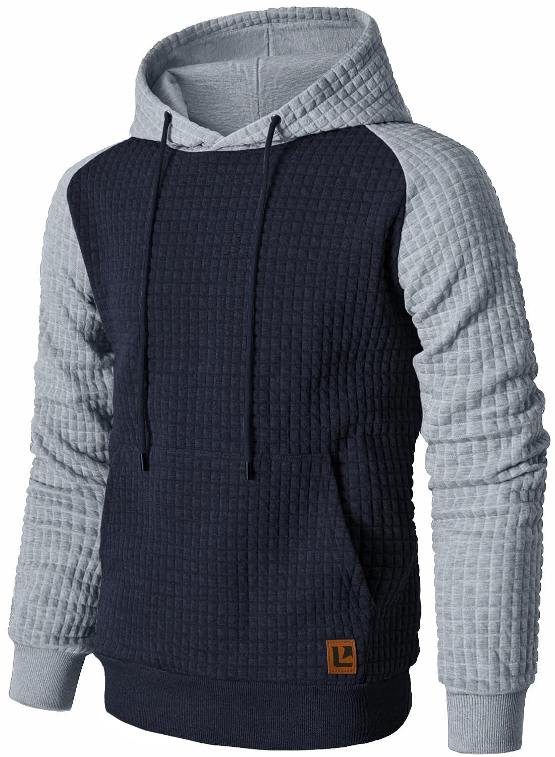 Men’s Sweatshirts Long Sleeve Pullover Patchwork Plaid Jacquard Hoodie Casual Drawstring Hoody Top