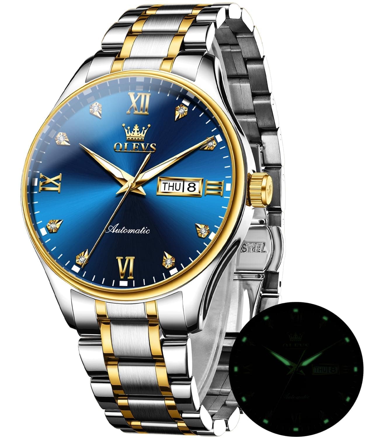 OLEVS Watch for Men Automatic Mechanical Self Winding Two Tone Stainless Steel Diamond Business Calendar Waterproof Luminous Wrist Watch Blue Dial