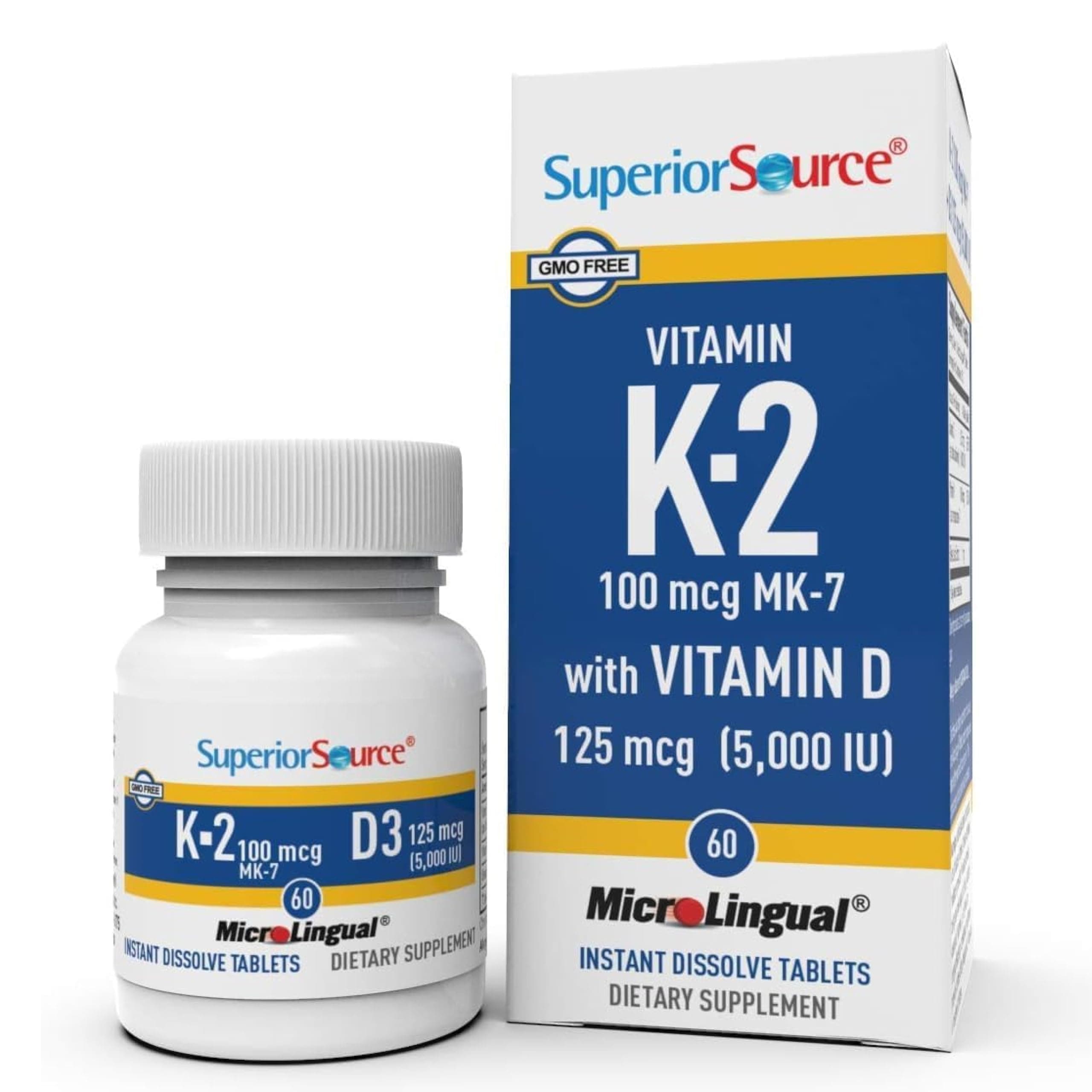 Superior Source K2 (MK-7) 100 mcg, with D3 (5,000 IU) Supplement, Quick Dissolve MicroLingual Tablets, 60 Count, Strengthen Bones, Cardiovascular & Immune System Support, Non-GMO