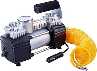 12V Tyre Inflator - Heavy Duty Double Cylinders Direct Drive Metal Pump 150PSI, Air Compressor with Battery Clamp and 5M Extension Air Hose, SUVs/Trucks/Vans/RVs