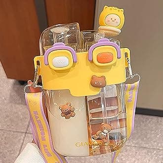 TIAASTAP Cute Water Bottle with Straw - Kawaii Kids Portable Plastic Drinking Bottle with Strap Aesthetic Stickers for School Travel Sports Outdoor (Yellow)