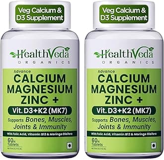 Health Veda Organics Calcium Magnesium Zinc with Vitamin D3, K2 MK7 & B12 | With Cissus Quadrangularis | Bone & Joint Support | 1000mg | 60 Veg Tablets Each (Pack of 2)