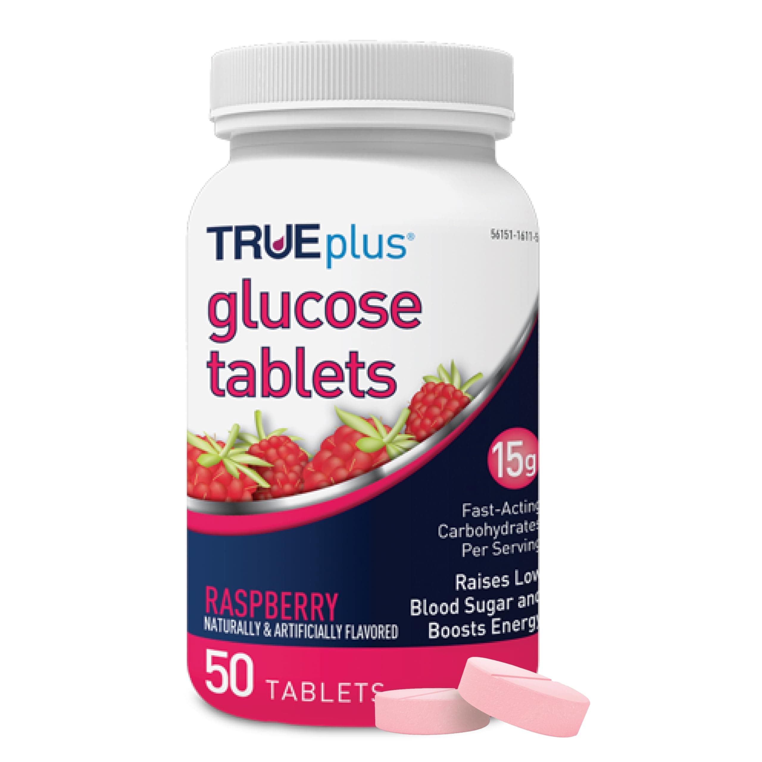 TRUEplus Glucose Tablets, Chewable, Raspberry Flavor, 15g Fast-Acting Carbohydrates, Fat Free, Gluten Free, Raise Low Blood Sugar and Boost Energy, 50 Count