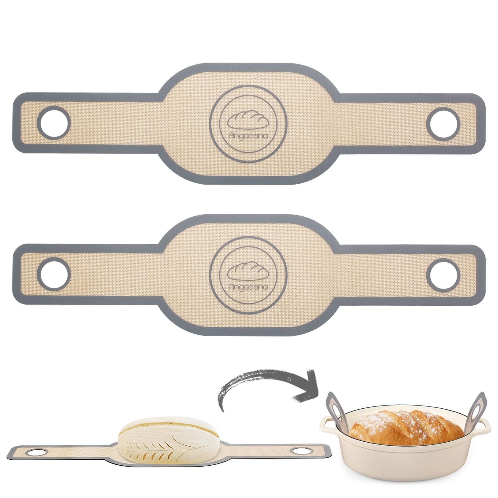 Silicone Bread Sling Oval- Non-Stick & Easy Clean Reusable Oval Silicone Baking Mat for Dutch Oven. with Long Handles Sourdough Bread Baking mat Tools Supplier Liner, 2 pcs Gray