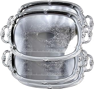 (Pack of 4) 21-Inch x 13.5-Inch Elegant Victoria Floral Engraved with Handle Serving Tray Silver Metal Plate Platter Food Decorative Buffet Wedding Party T166-4PK