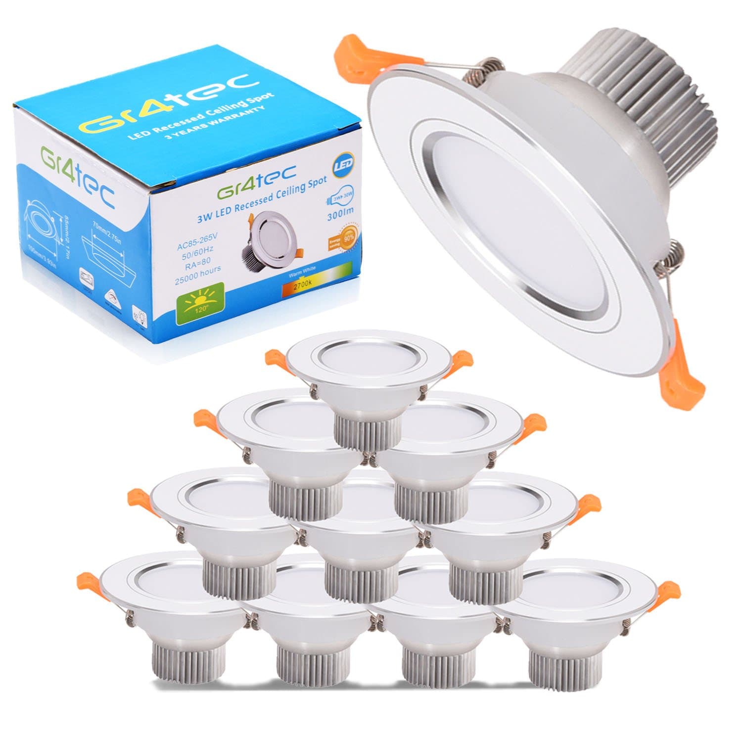Gr4tec 10 x LED Recessed Ceiling Spot Downlight, High CRI Ra80 AC 85 - 265V 3W Warm White 2700K 300LM 30W Incandescent Equivalent Not Dimmable Spotlights for Bathroom Kitchen [Energy Class A+]
