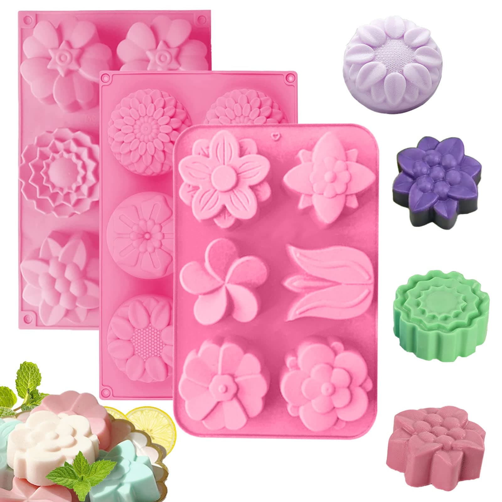 Silicone Soap Molds, different Cavities Soap Mold with Different Shapes, Perfect for Soap Making, Handmade Cake Chocolate Desserts Biscuit Pudding Teacake Jelly （3 Pack - Flower）