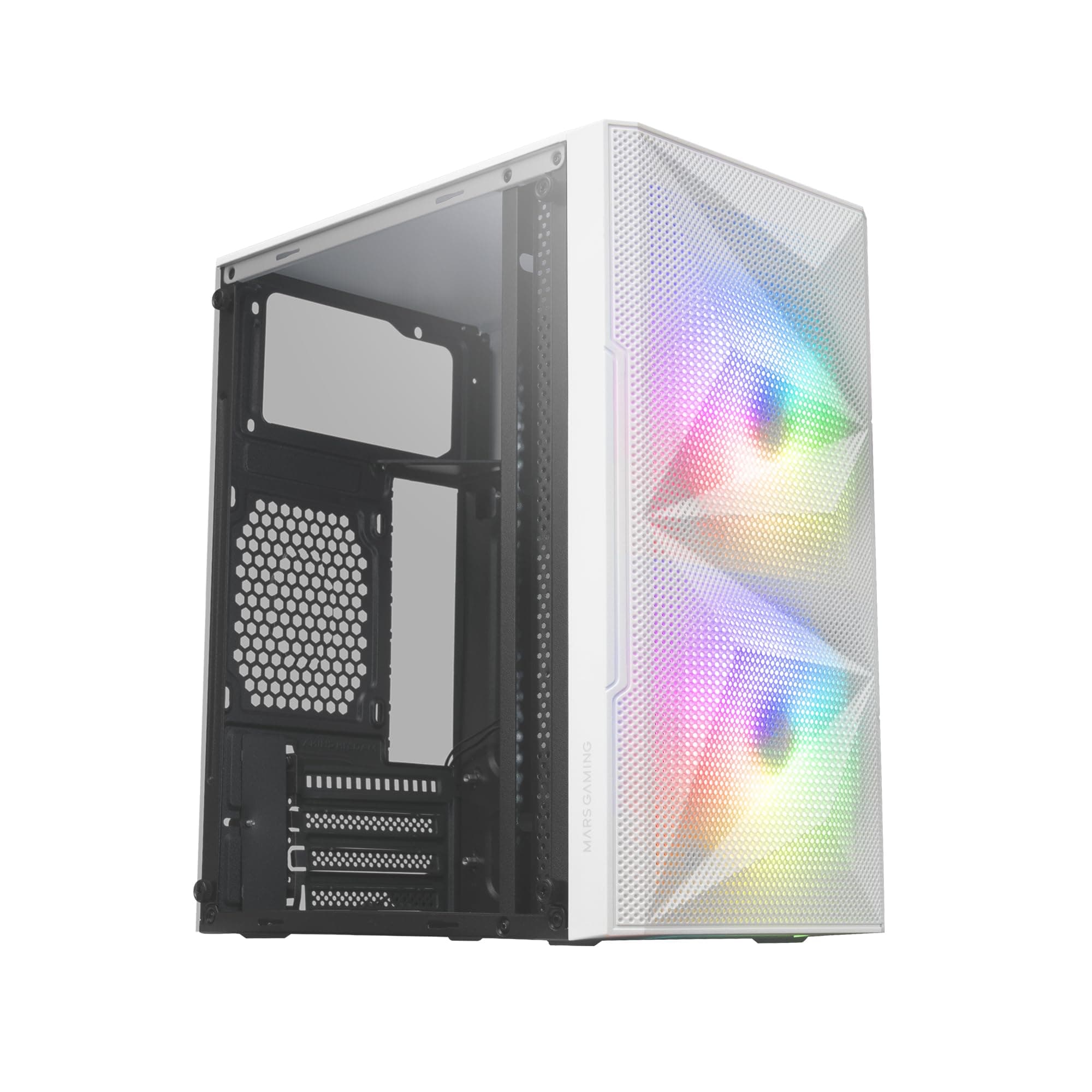 Mars Gaming MC-ME White, Compact MicroATX Gaming Case, Full Side Window Tempered Glass, Geometric Total-Mesh Front Design, 2x FRGB 120mm Fans
