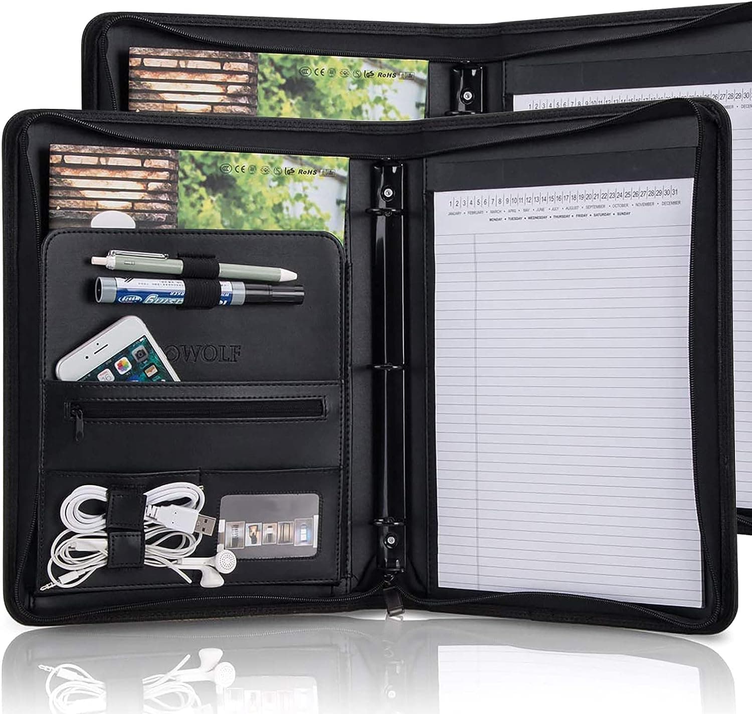 【2 Pack】 Padfolio Resume Portfolio Folder,OOWOLF PU Leather Professional with Round Ring Binder 8.5 x 11 Inch Writing Pad Tablet Sleeve Interview Document Organizer Business Card Holder Case