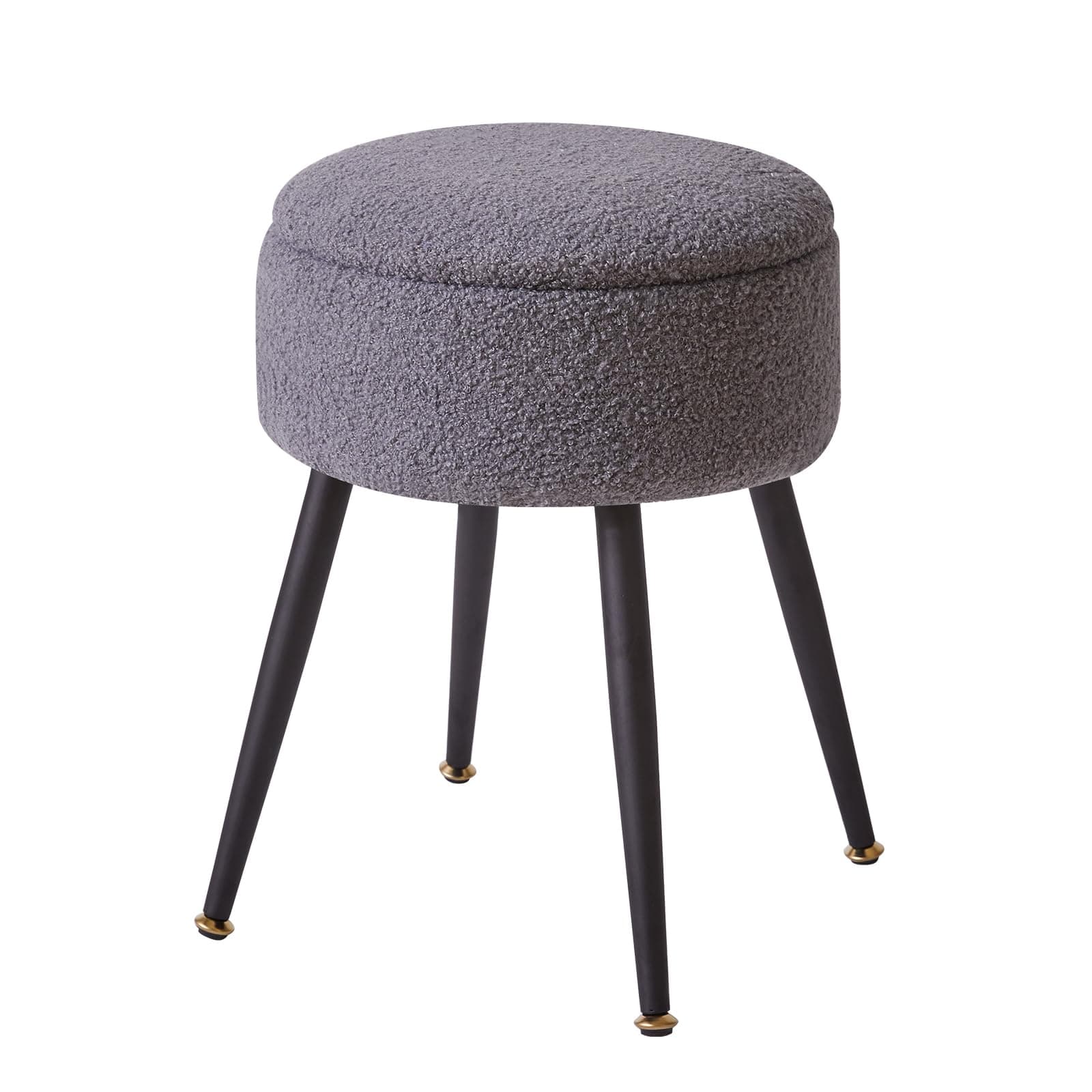 Aibiju Dressing Table Chair with Storage Space, Round Faux Teddy Fur Footrest Footstool Ottoman with 4 Metal Legs, Makeup Vanity Stool Side Table for Makeup Room, Bedroom, Grey YD-RMS137G