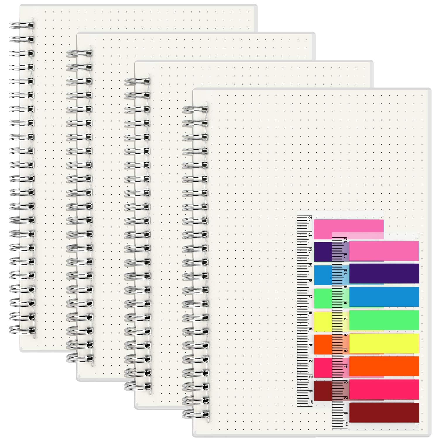 EOOUT 4 Packs Bullet Journals A5 Dot Grid Notebooks with 640 Pages, 5.5"x 8.5" 100gsm Thick Dotted Paper , 2pcs Neon Color Page Markers, for Office, School Supplies