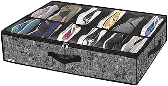 Onlyeasy Under Bed Shoe Storage Organizer with Sturdy Handles and Clear Window 1 Pack Fits 12 Pairs, Premium Foldable Underbed Shoes Container Box for Closet, Breathable, Linen-like Black, MXAUBSB1P
